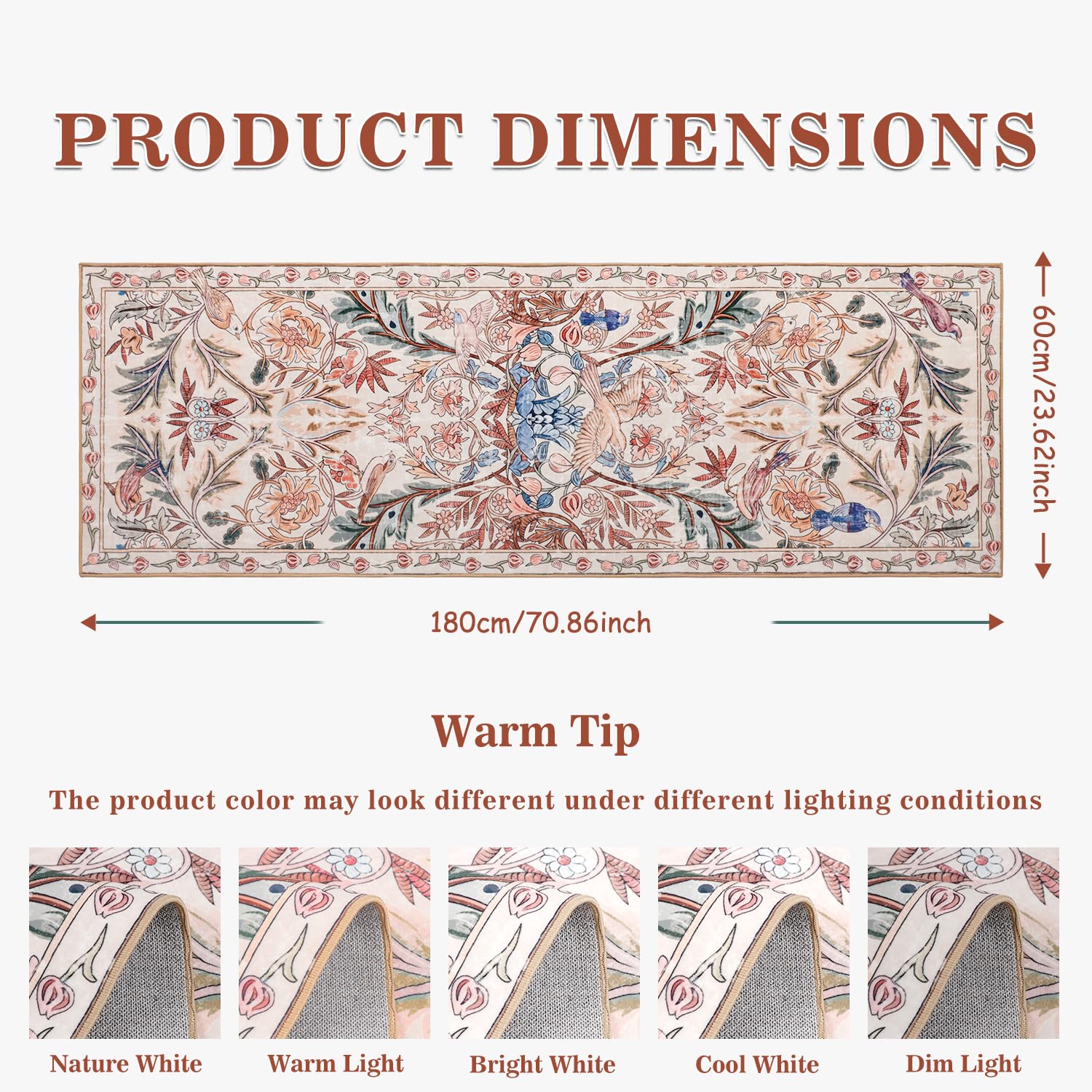 TUKDAK Hallway Runner Rugs Pink 60×180cm, Birds Kitchen Carpet Runner with Non-Slip Rubber Backing - Image 2