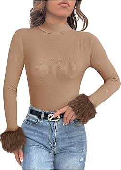 SOLY HUX Women's Fuzzy Mock Neck T Shirt Long Sleeve Fitted Ribbed