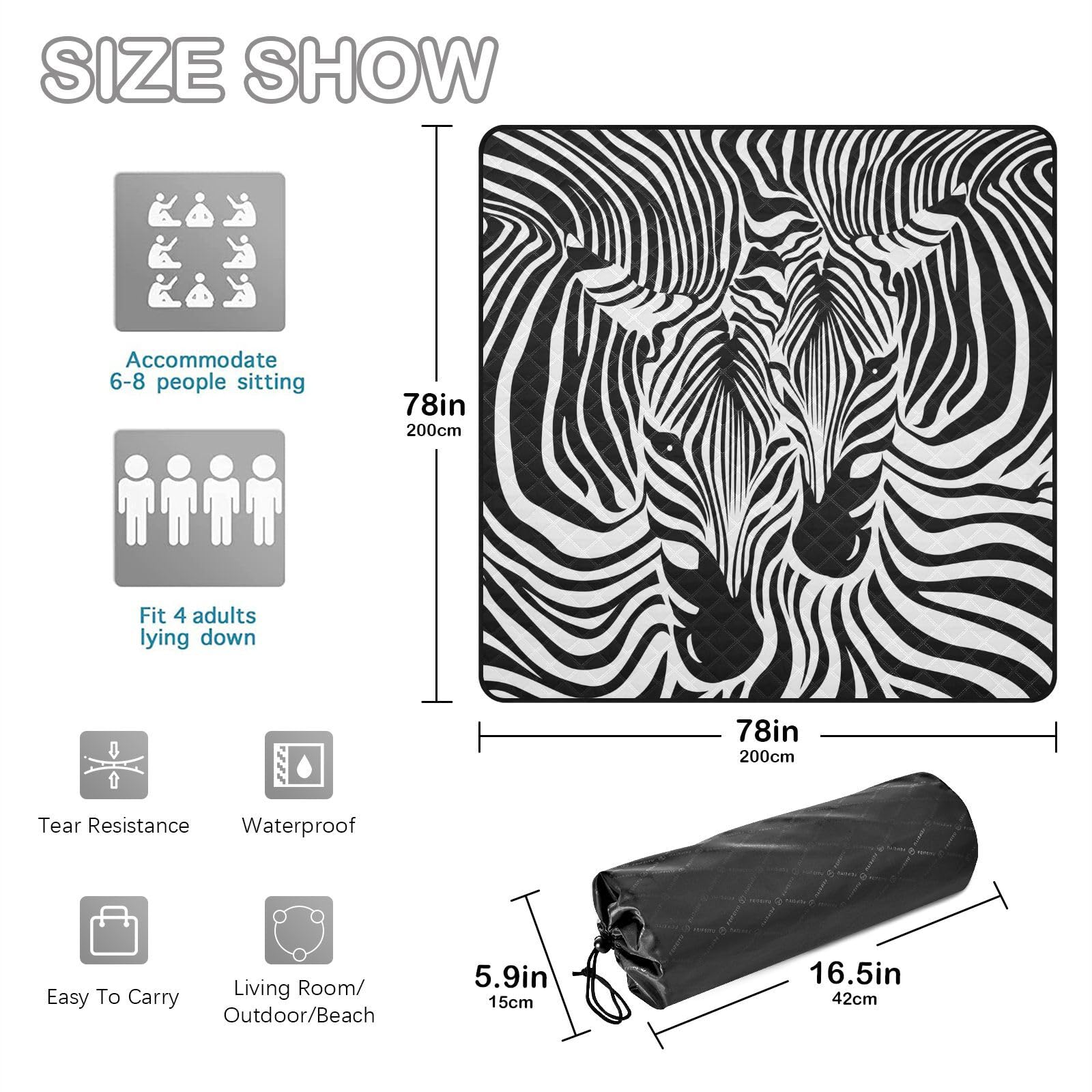 Picknickdecke 200x200cm, Zebra-Druck groß wasserdicht Campingdecke faltbar Strandmatte Picknick-Matte