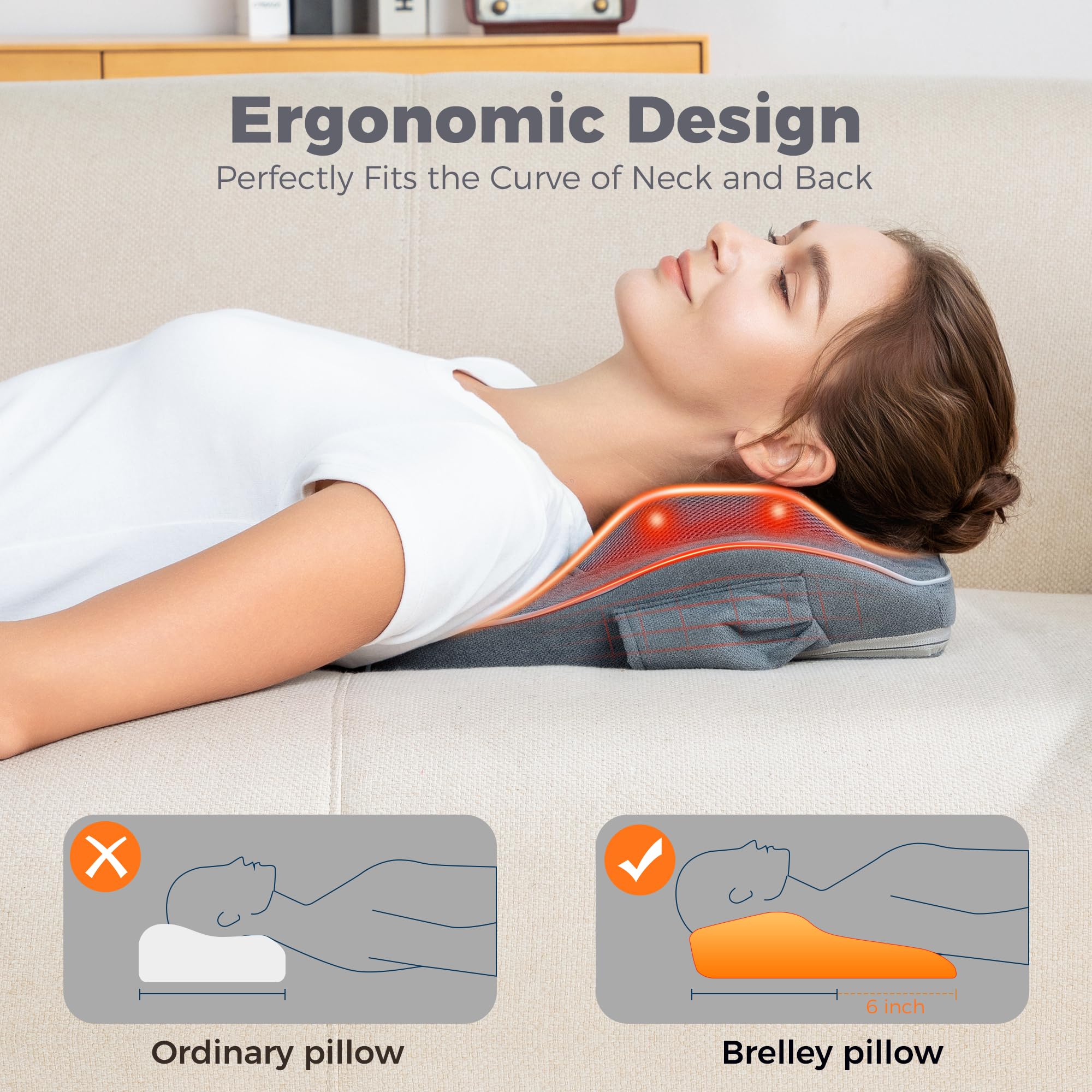 Brelley Masajeador Cervical y Espalda, Masajeador de Cuello, Cojín Masajeador con Cabezal de Masaje Bidireccional Rotativo para Cuello, Espalda, Hombros, Piernas - Regalo para Mamá y Papá (Gris)