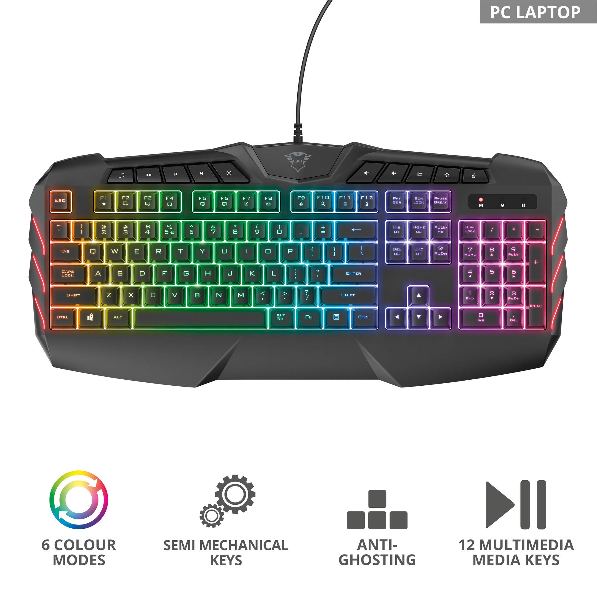Trust Gaming Clavier De Jeu Semi-mécanique Avec Disposition Britannique GXT 881 ODYSS – Éclairage LED Multicolore, Anti-ghosting, 10 Touches D'accès Direct, PC/Ordinateur Portable