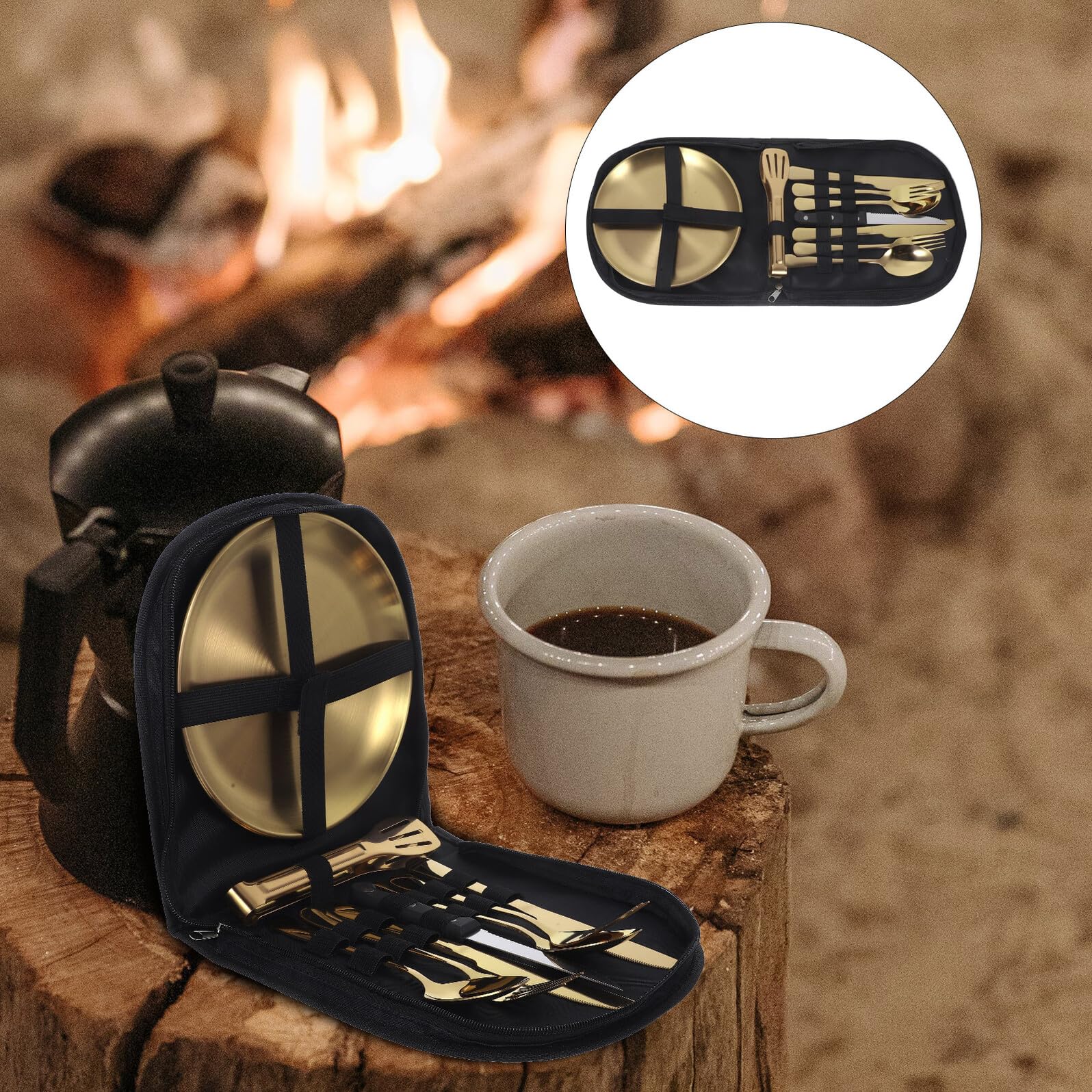 VICASKY Edelstahl Camping Besteckset Gold Reusable Outdoor Cutlery mit Tasche Faltbare Gabeln Robustes Geschirr für Picknick Wandern und Reise Langlebig und Kompakt