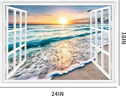 Miniatura 2 de FLFK Adhesivo de pared de ventana falsa - Mural de pared de ventana falsa de playa al atardecer para decoración de pared, calcomanías de pared de