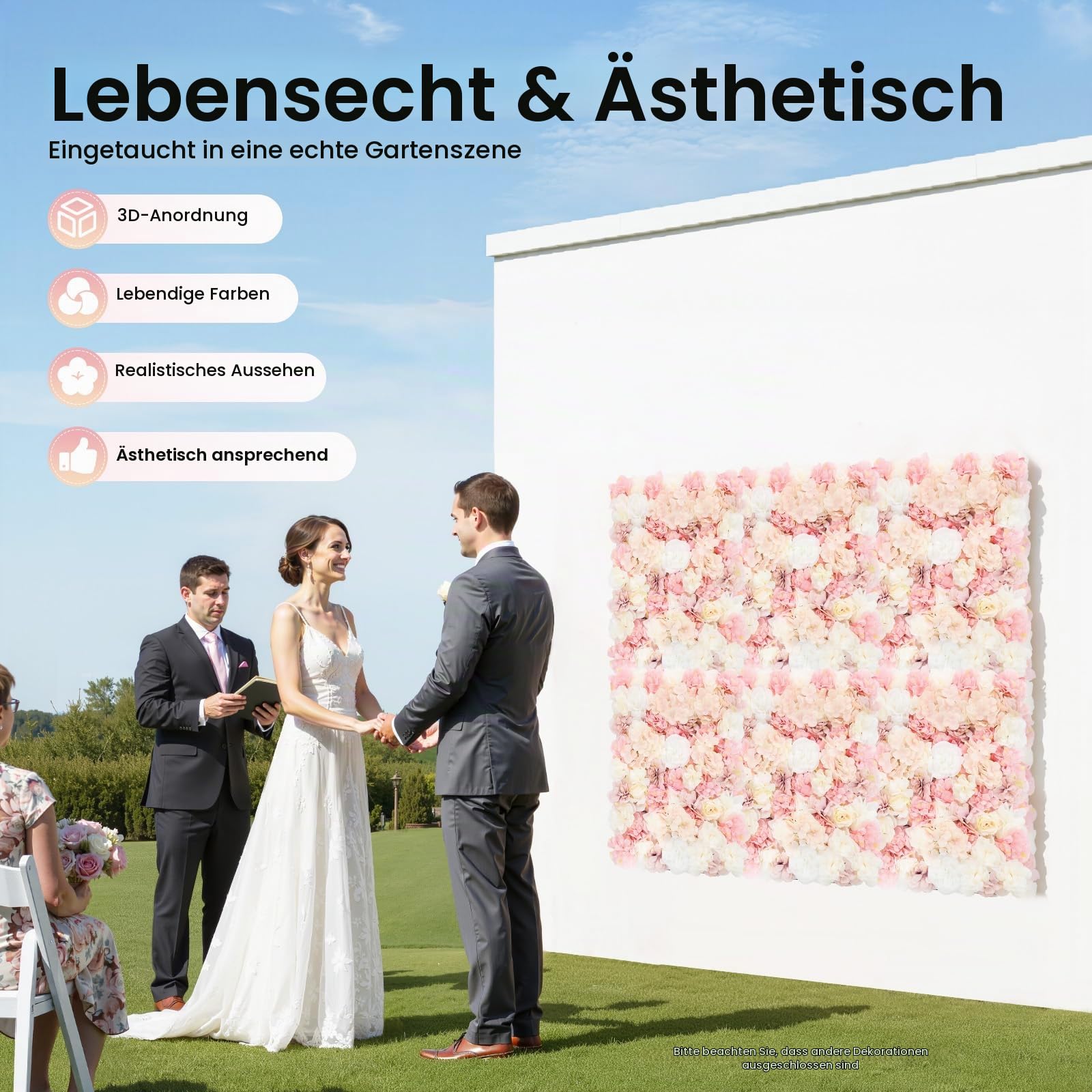 Künstliche Blumen Wand Kunstblumen Blumenwand 6 Stück Realistische Seidenblumen Gesteck mit Hortensien Rosen Dahlien für Hochzeit Dekoration Party Hintergrund Balkon Garten Innen Außen, DIY, 60x40 cm