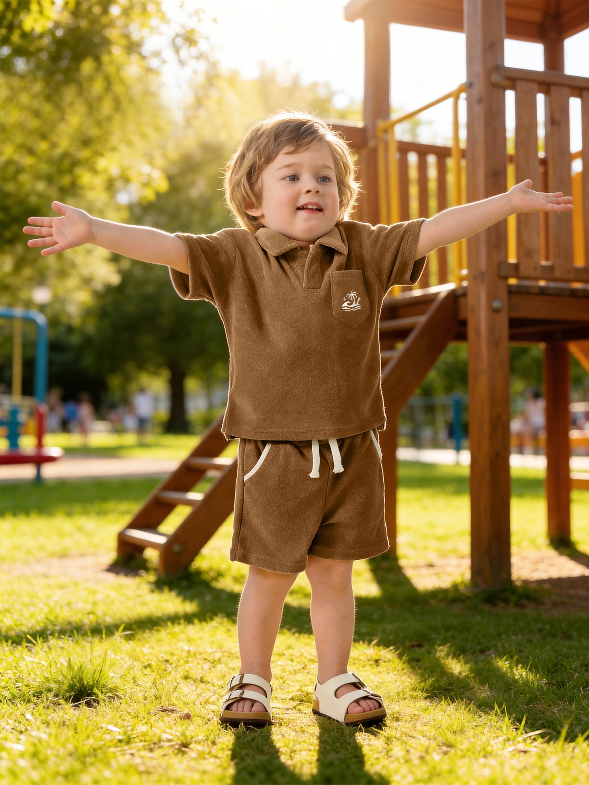 Volunboy Ensemble été Bébé Garçon en Tissu Éponge, Chemise à Col Mouette et Short à Taille Élastique pour Plage et Loisirs