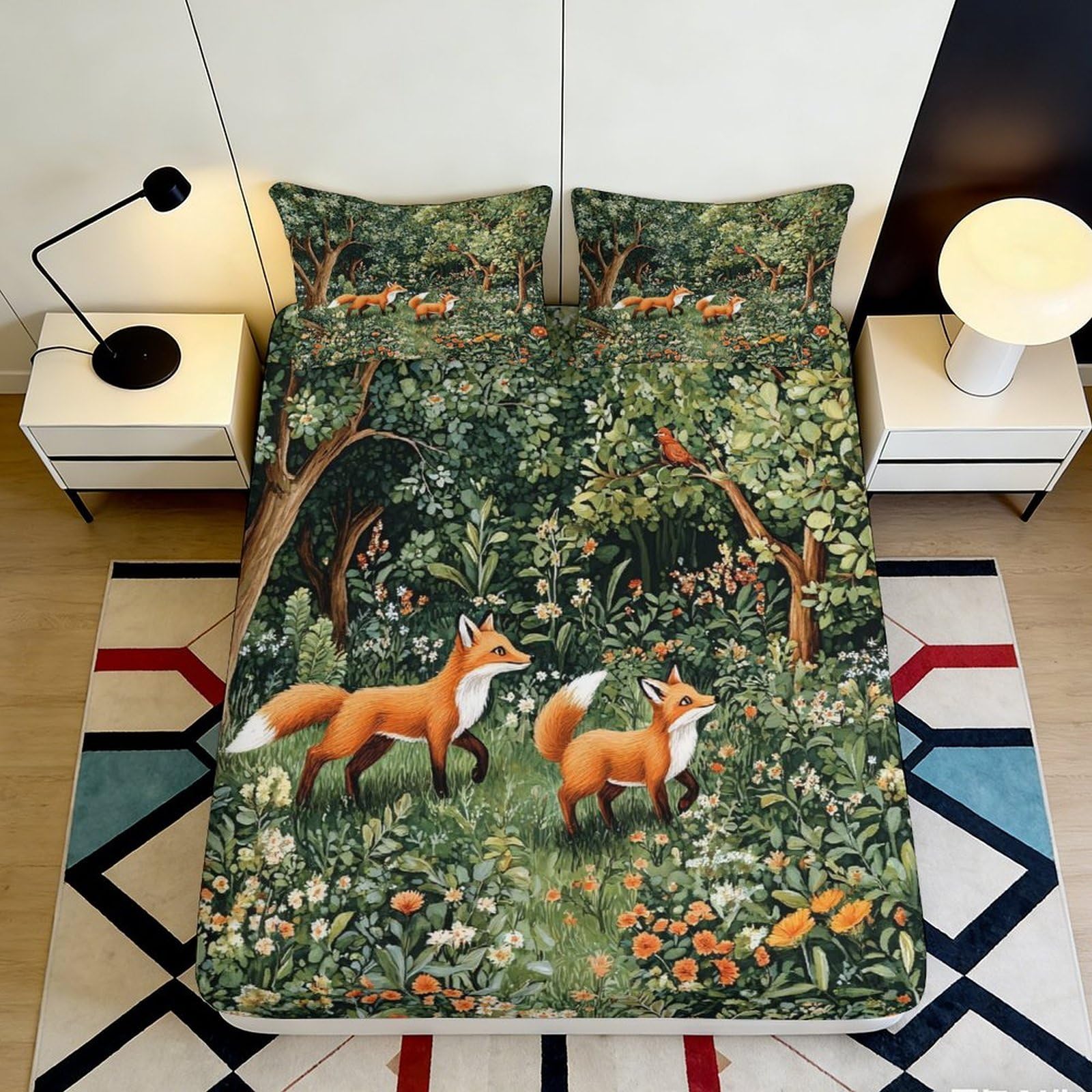 3D Printed Forest Fox Fitted Sheet Microfiber Deep Pocket Non-Slip Bedroom Bedding Fox Mattress Fitted Cover Washable 120x200x25cm