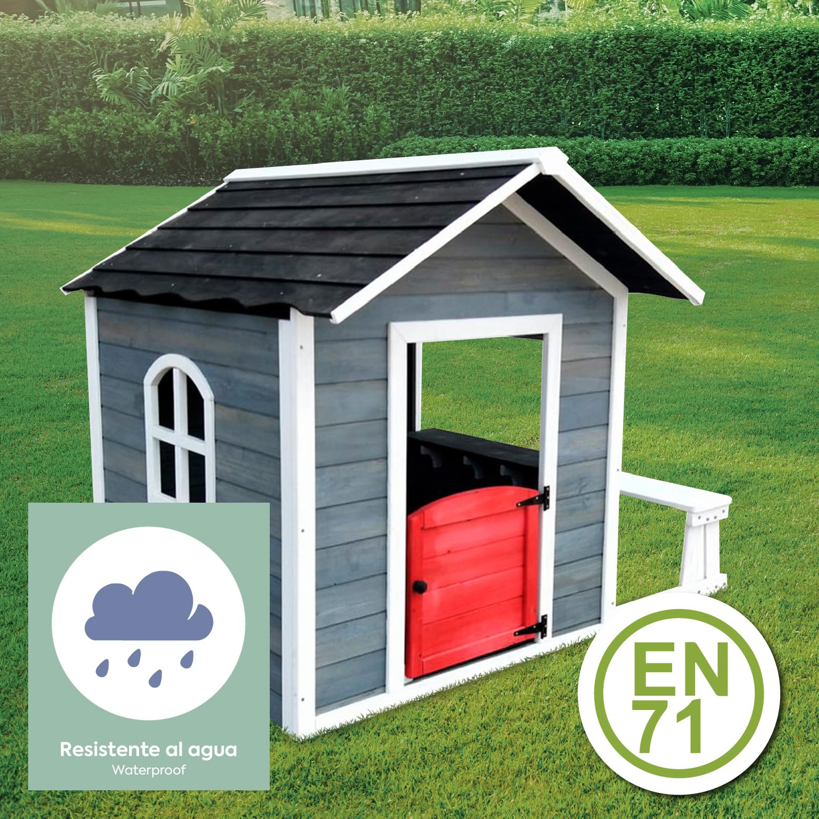 Casita Infantil de Madera 1,2 m² de 116x138x132 cm Diseño Abierto con Ventanas y Banco Exterior