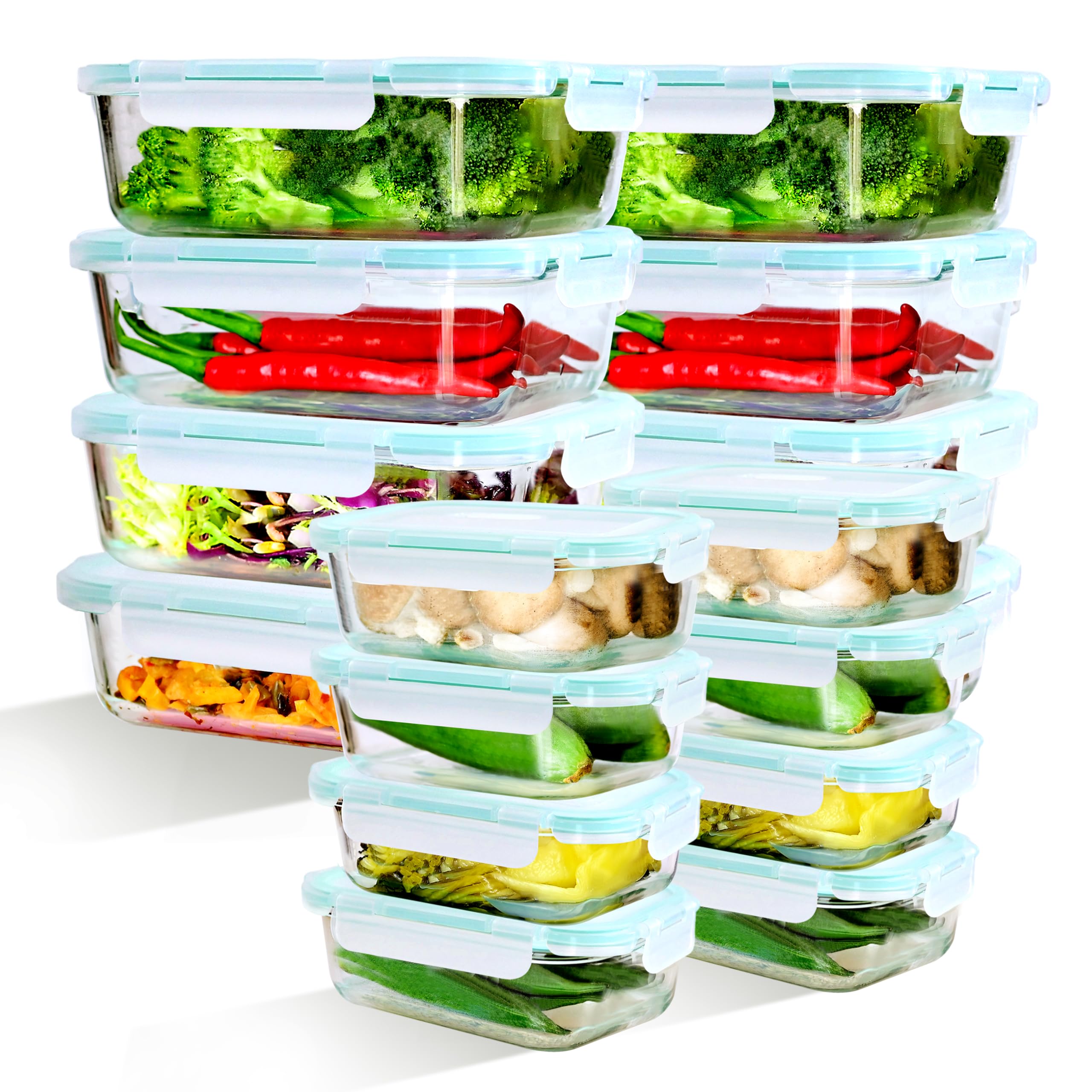 IUGHN Glass Food Containers – 8x370+8x1040ML Square Food Storage Containers With Lids | Fridge Organisers | Borosilicate Glass (-40°C to 560°C) | Food Containers With Lids + Leakproof 4D Lock & FDA