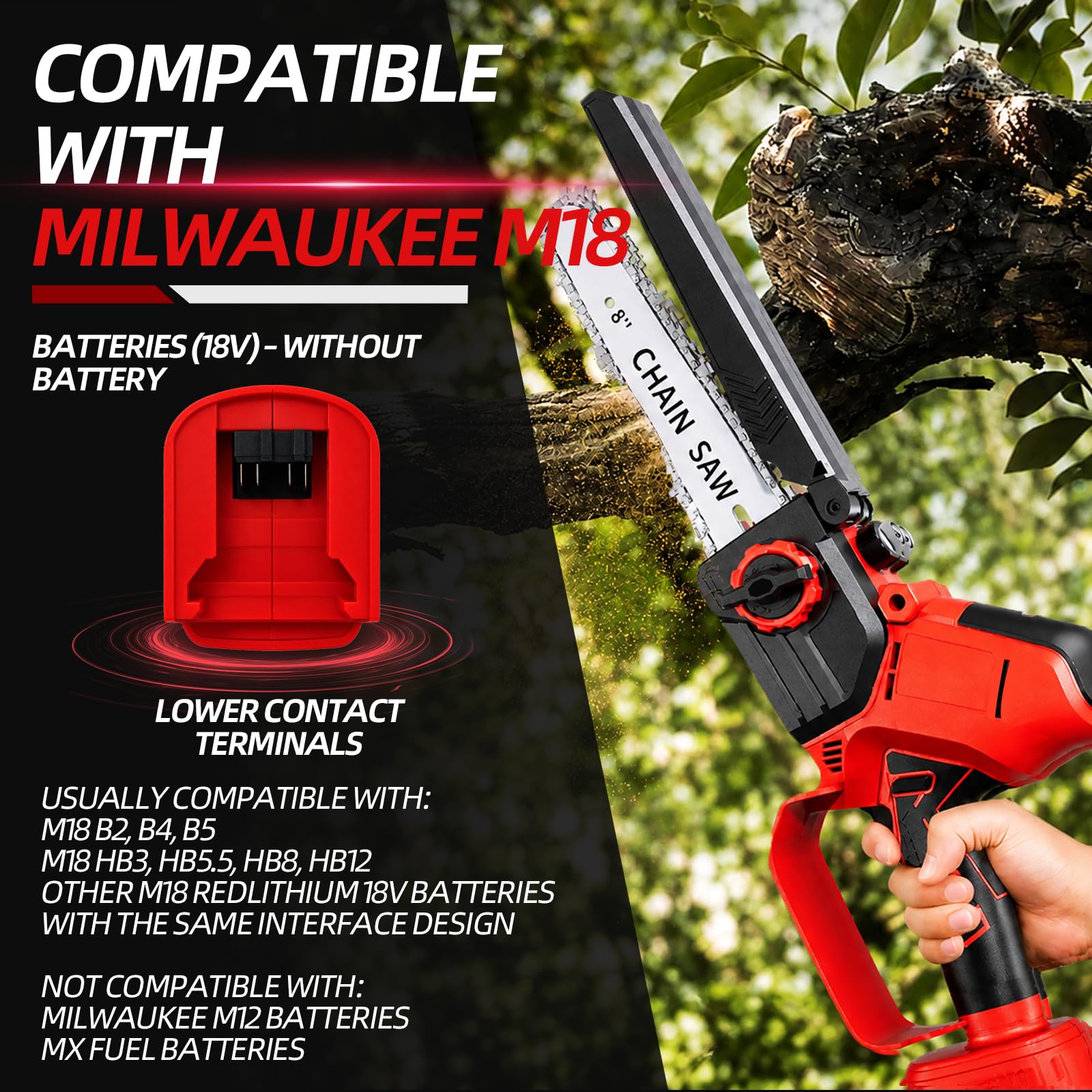 Czerwona bezszczotkowa mini piła łańcuchowa 16 i 20 cali – kompatybilna z akumulatorem Milwaukee 18 V, 2 x szyna + 3 x łańcuch, ulepszone smarowanie łańcucha – idealna do ogrodu, cięcia gałęzi i