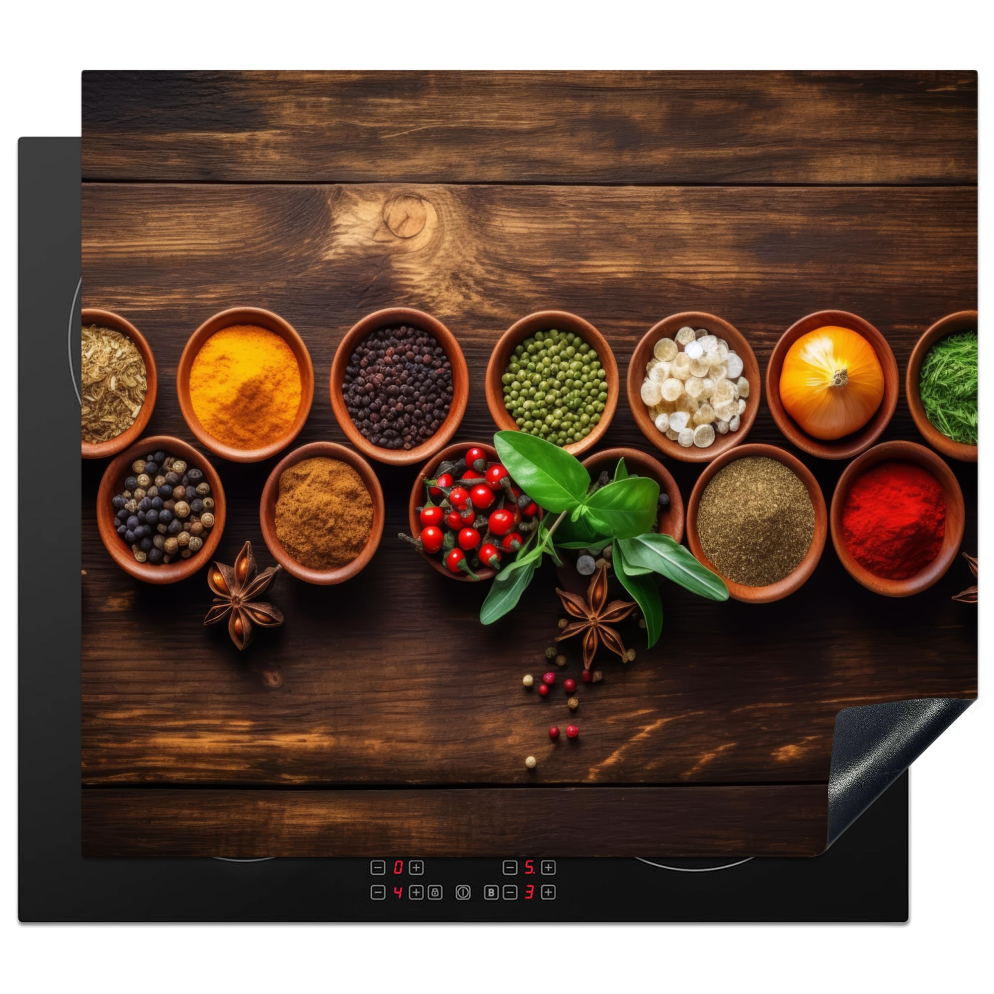 KitchenYeah© Induction Hob Cover Protector Mat 20.2"x22.9" / 58.3x51.3 cm Kitchen Universal Ceramic Covers for Electric Cookers Vinyl Herbs - Spices - Mint - Wood Print