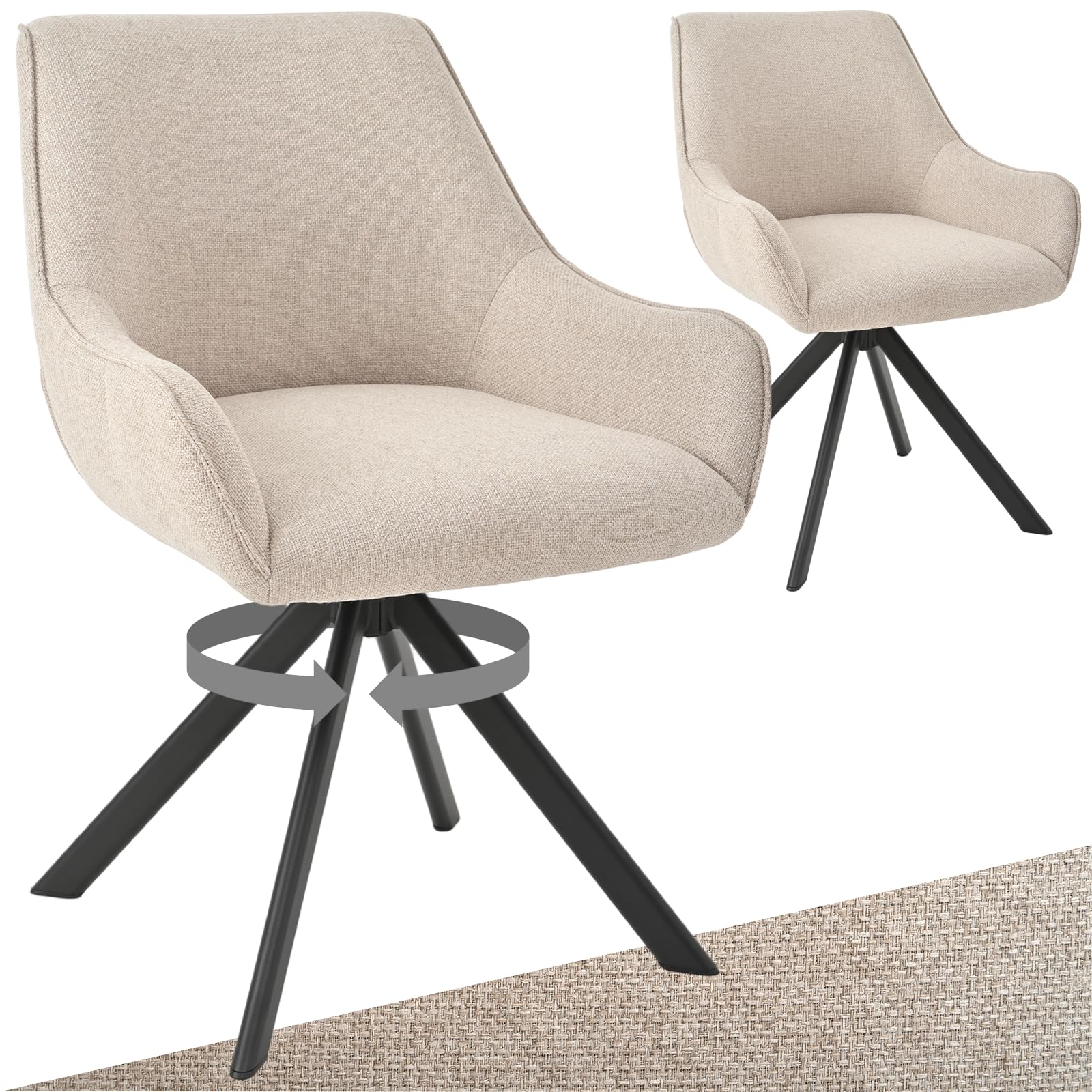 Set di 2 sedie da pranzo girevoli con bracciolo, girevole a 360°, in lino, moderna sedia girevole con struttura in metallo e schienale, per sala da pranzo, soggiorno, ufficio, beige