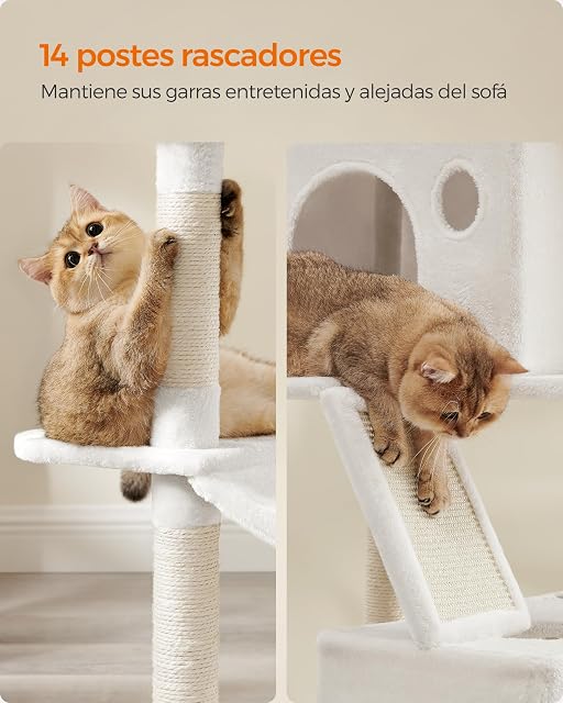 Foto 5 de 7 de Feandrea Árbol para Gatos Grandes, Torre de Gatos de 206 cm de Altura con 13 Poste, 2 Plataformas, 2 Cuevas