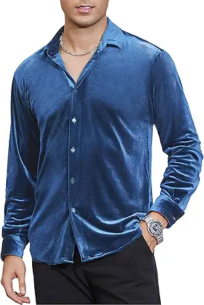 Alex Vando Mens Velvet Shirts Regular Fit Long Sleeve Soft Stretch Casual Button Down Shirt