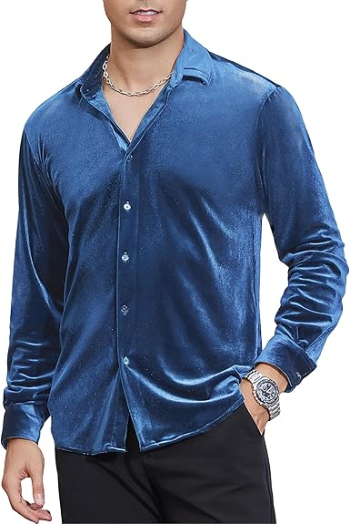 Alex Vando Mens Velvet Shirts Regular Fit Long Sleeve Soft Stretch Casual Button Down Shirt