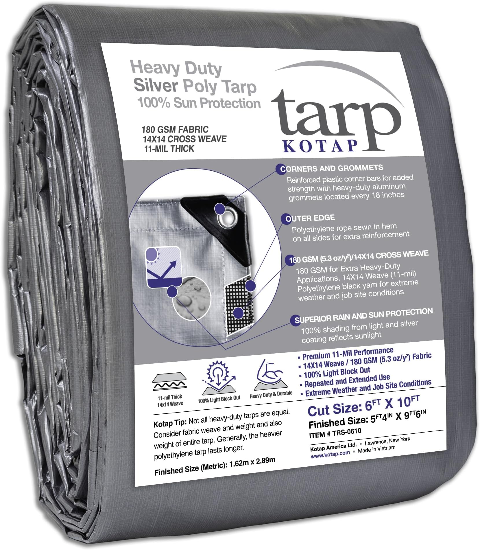 Kotap 6 x 10 Ft. Heavy-Duty Protection/Coverage Tarp, Superior Weave for Greater Longevity, 10-mil Multi-Use, Waterproof, TRS-0610, Silver (1-Pack)