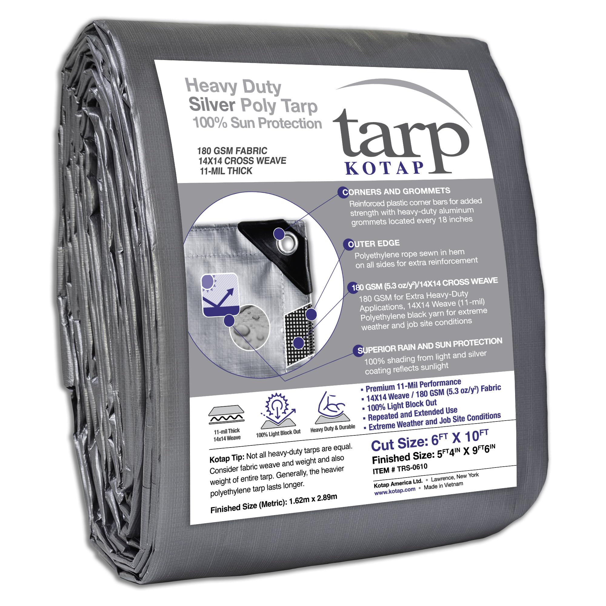 Kotap 6 x 10 Ft. Heavy-Duty Protection/Coverage Tarp, Superior Weave for Greater Longevity, 10-mil Multi-Use, Waterproof, TRS-0610, Silver (1-Pack)
