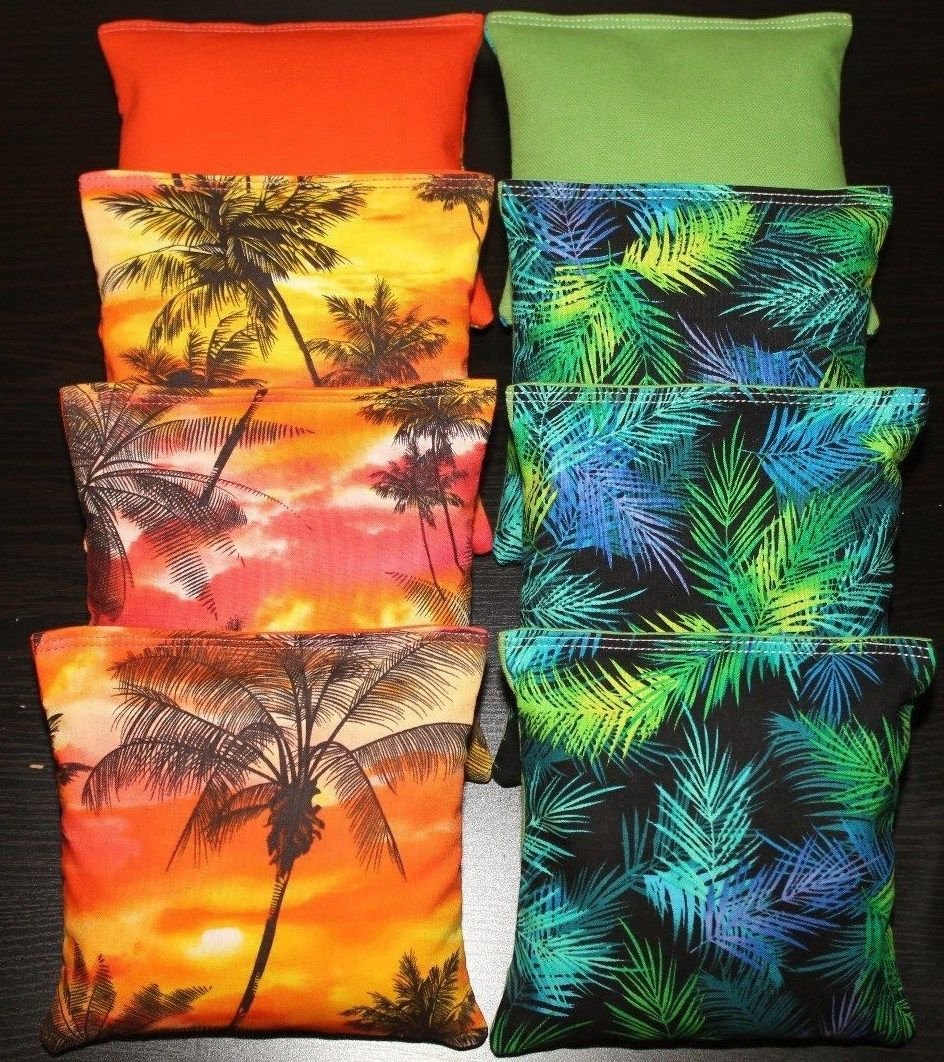 BackYardGamesUSA Tropical Island Paradise Beach Palm Trees Cornhole Bean Bags 8 Regulation Game Toss Bags Sunset