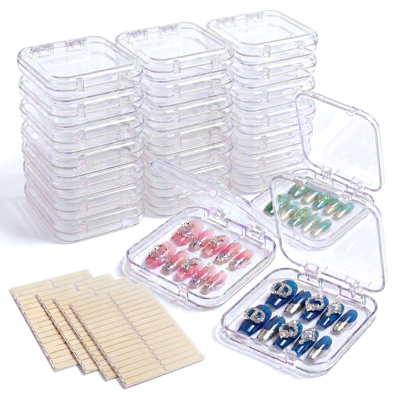 24 Pcs Press on Nail Storage Box with 120 Pcs Double Sided Adhesive Tapes, Nail Packaging Boxes Fake Nail Display Case Crystal Clear Nail Storage Box with Gift Box for Nail Art Business Nail Salon