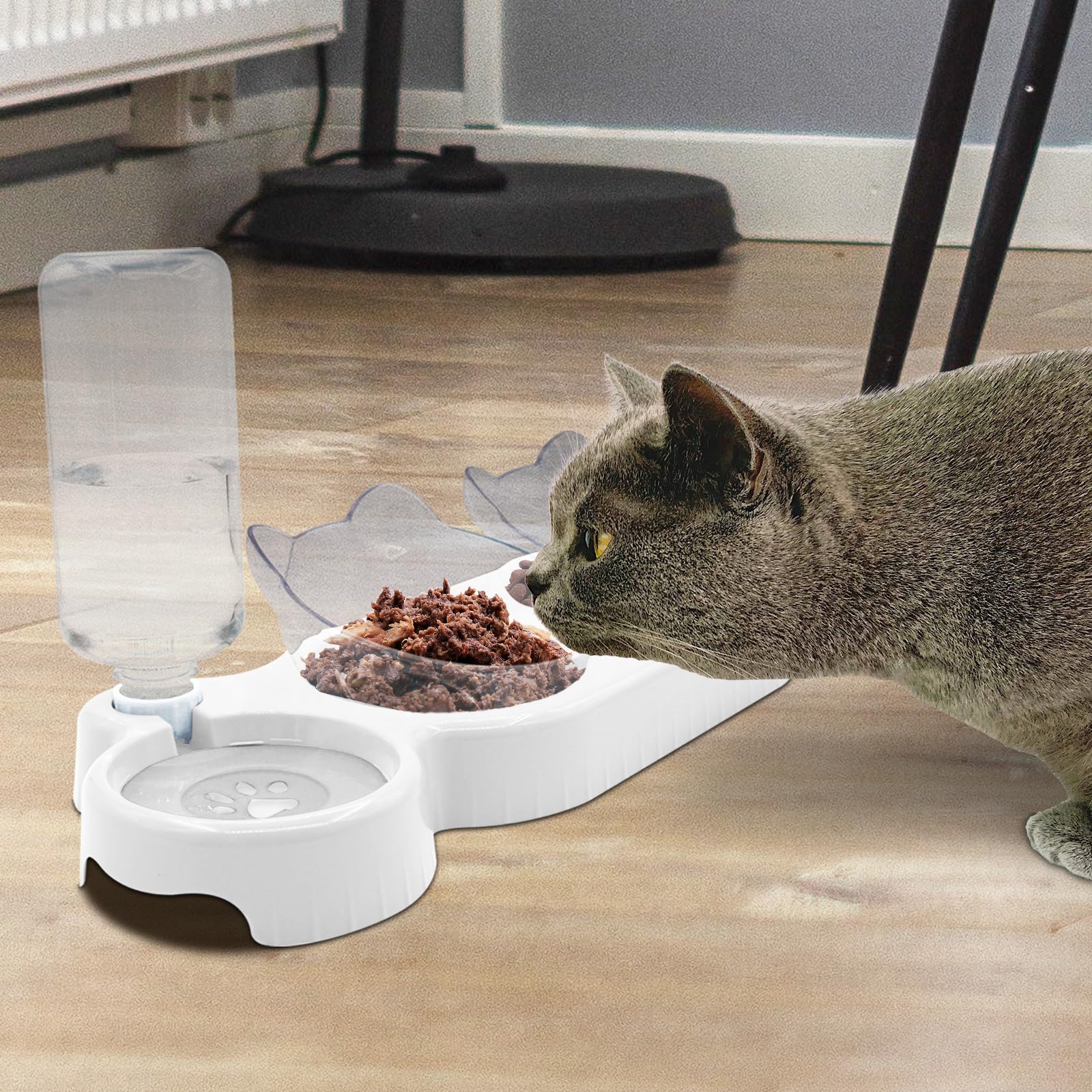 Triple gamelles 3 en 1 pour chien et chat, inclinaison de 15 °, double gamelle avec bouteille d'eau automatique, bol amovible pour nourriture humide et sèche pour petit chat et chiot (blanc)