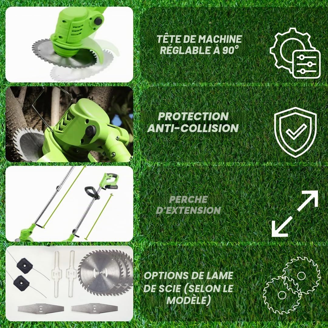 Best Direct Rotorazer Débroussailleuse électrique 8 en 1, 2 batteries 21 V, coupe-bordures, tondeuse, coupe-gazon, divers accessoires, tête pivotante à 90° (tondeuse + 2 batteries + 3 lames)