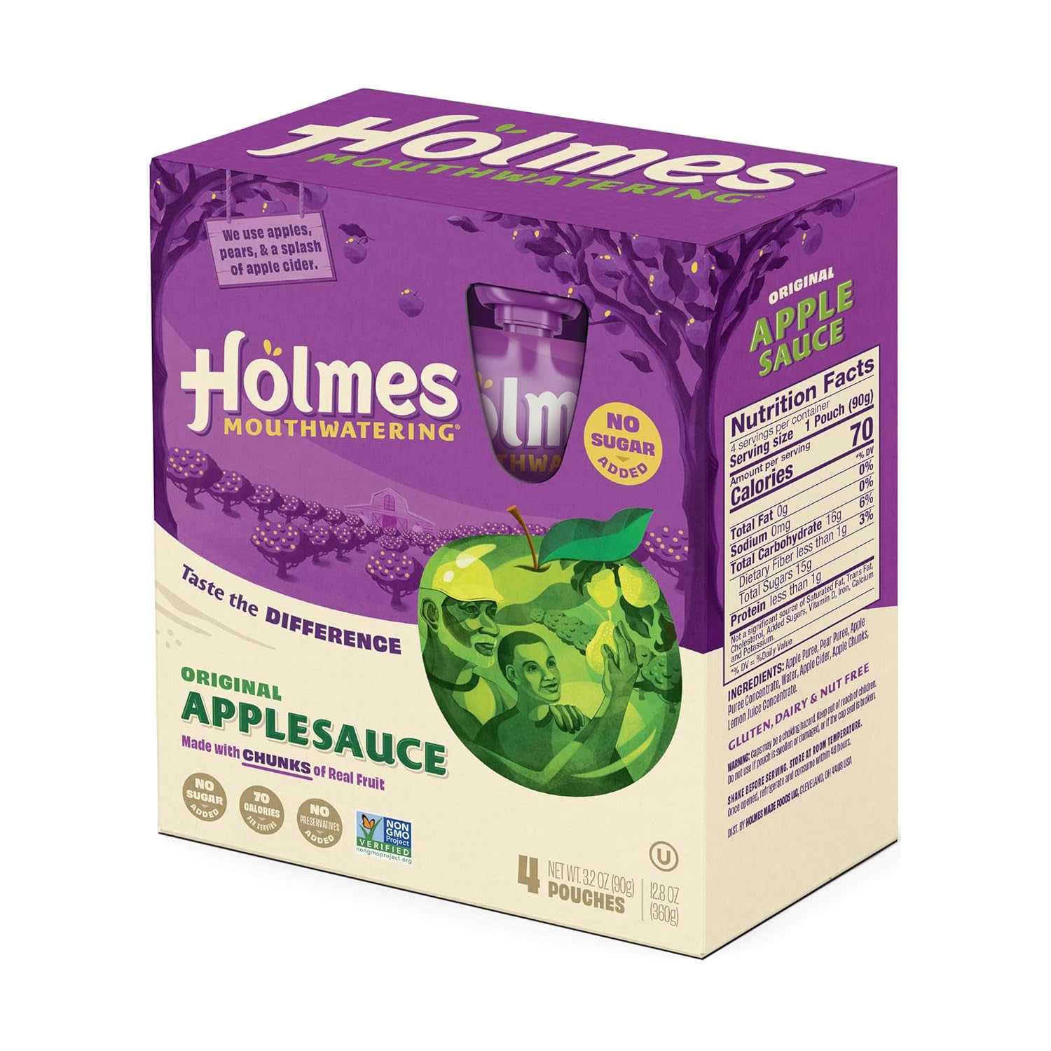 Applesauce Squeeze Pouch Variety Pack (8 Original Apple, 8 Apple Pie Cinnamon, 8 Strawberry Peach) 24 Pack of 3.2 oz | Work Snacks on the Go with Real Chunks of Fruit - Applesauce
