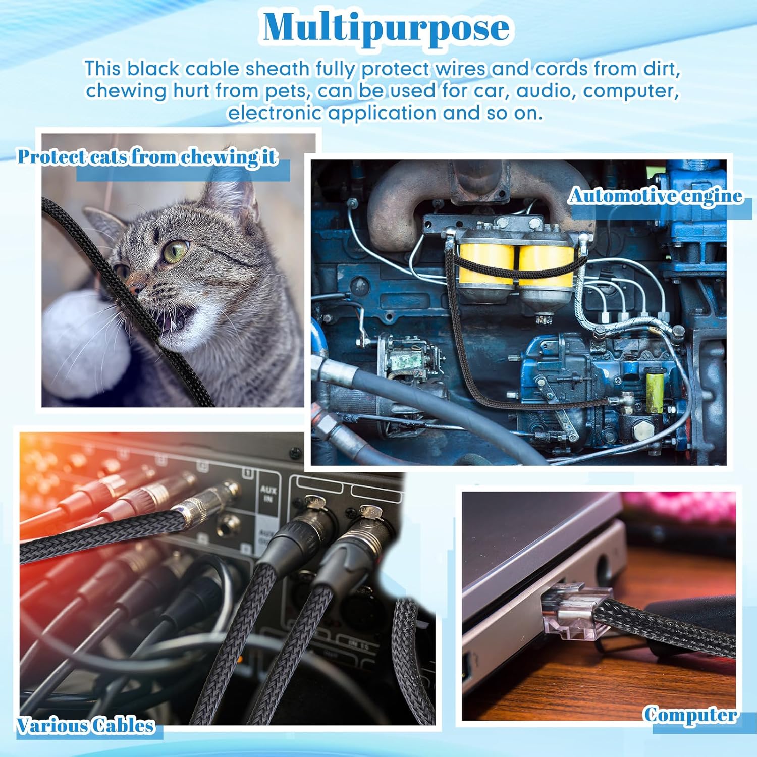 Pangda 300 Feet 1/4, 1/2, 3/8 Inches Wire Loom PET Expandable Braided Sleeving Braided Sleeve for TV, Computer, Home Theater(Black)