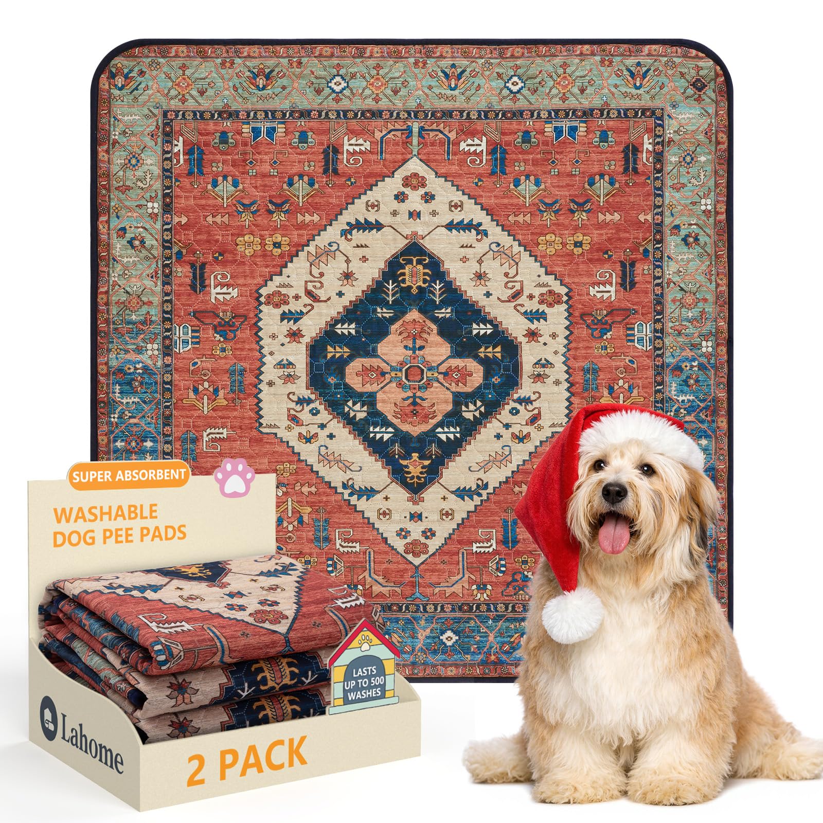 Lahome Super Absorbent &amp; Leakproof Washable Dog Pee Pads - 2 Pack Value Set - Waterproof, Non-Slip Reusable Pads for Puppy Training, Crates &amp; Whelping (24"x24", Red)