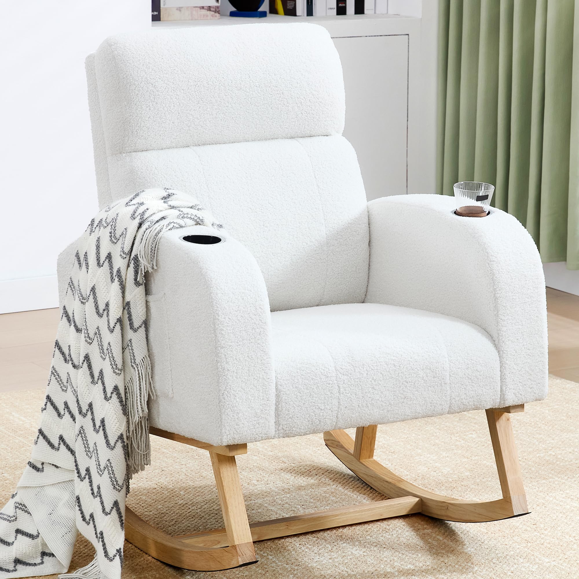 HCHAIRH Rocking Chair Nursery, Teddy Nursery Rocking Chairs with Cup Holders, Nursing Rocking Chair Glider Rocker Indoor for Nursery, Living Room, White