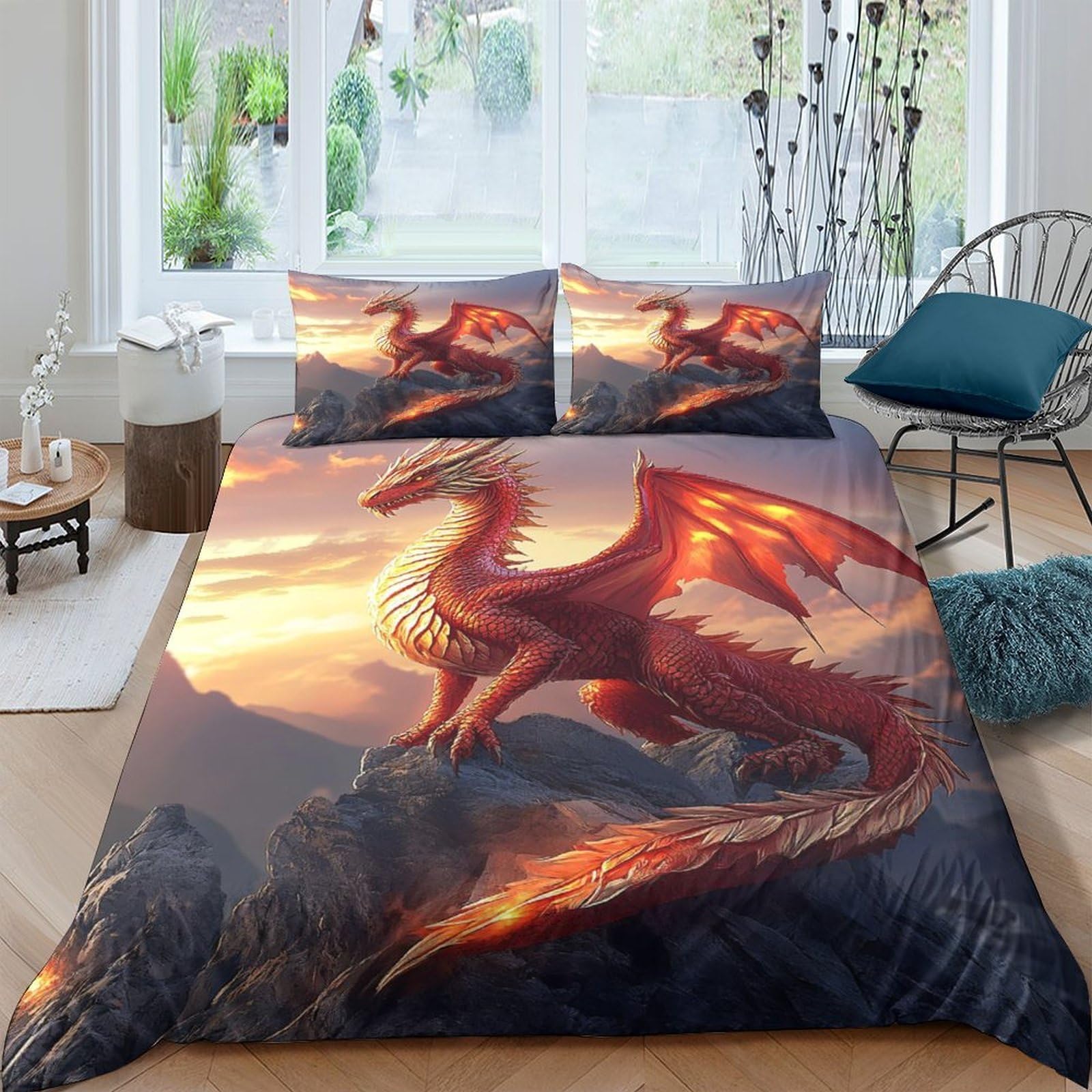 TUFRTGYHN 3D Printed Fire Dragon Duvet Cover Microfiber Soft Breathable Volcano Fantasy Bedding Set with 2 Pillowcases for Bedroom Decor Single（135x200cm）