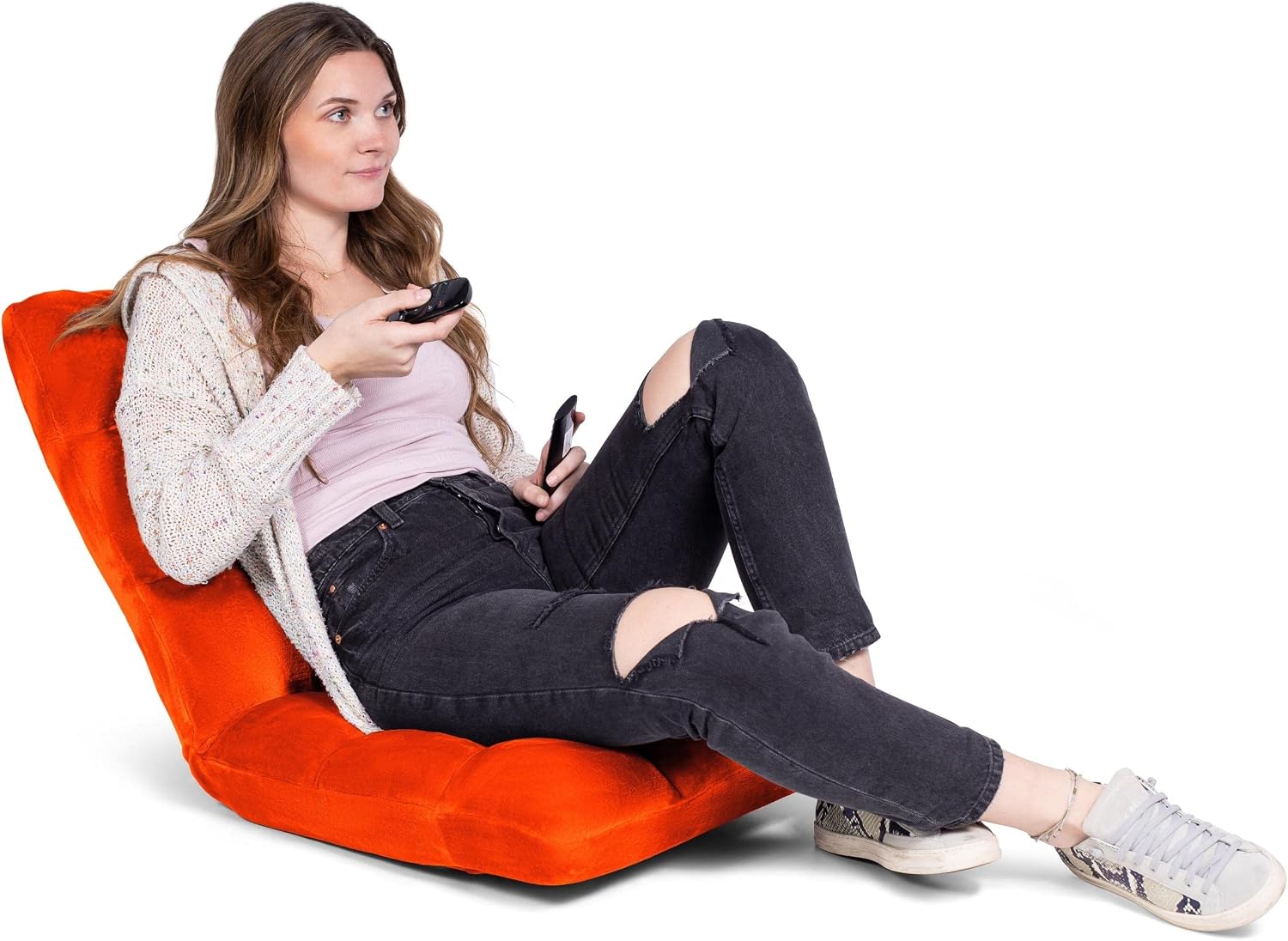 BIRDROCK HOME Adjustable 14-Position Memory Foam Floor Chair for Kids | 22.5" H x 19" W. 5.5" Thick Cushion | Orange | | Reading Game Meditating | Foldable Banana Rocker Chairs