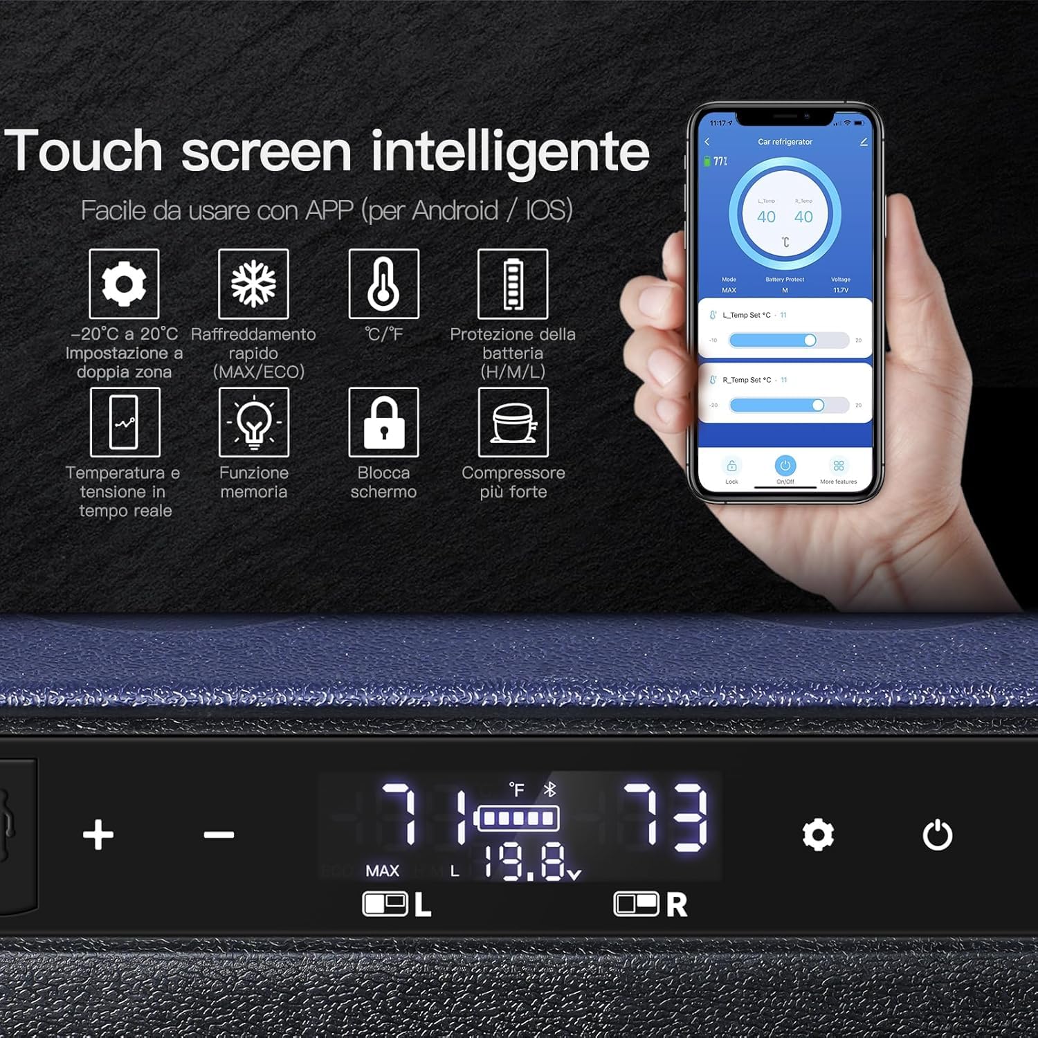 AAOBOSI Frigo Portatile, Frigo Per Auto Doppia Zona, Frigorifero da Viaggio con WiFi, -20 ℃ a 20℃, 12/24V DC e 100/240V AC,Per Auto, Camion, Camper, Barca e Presa Di Corrente
