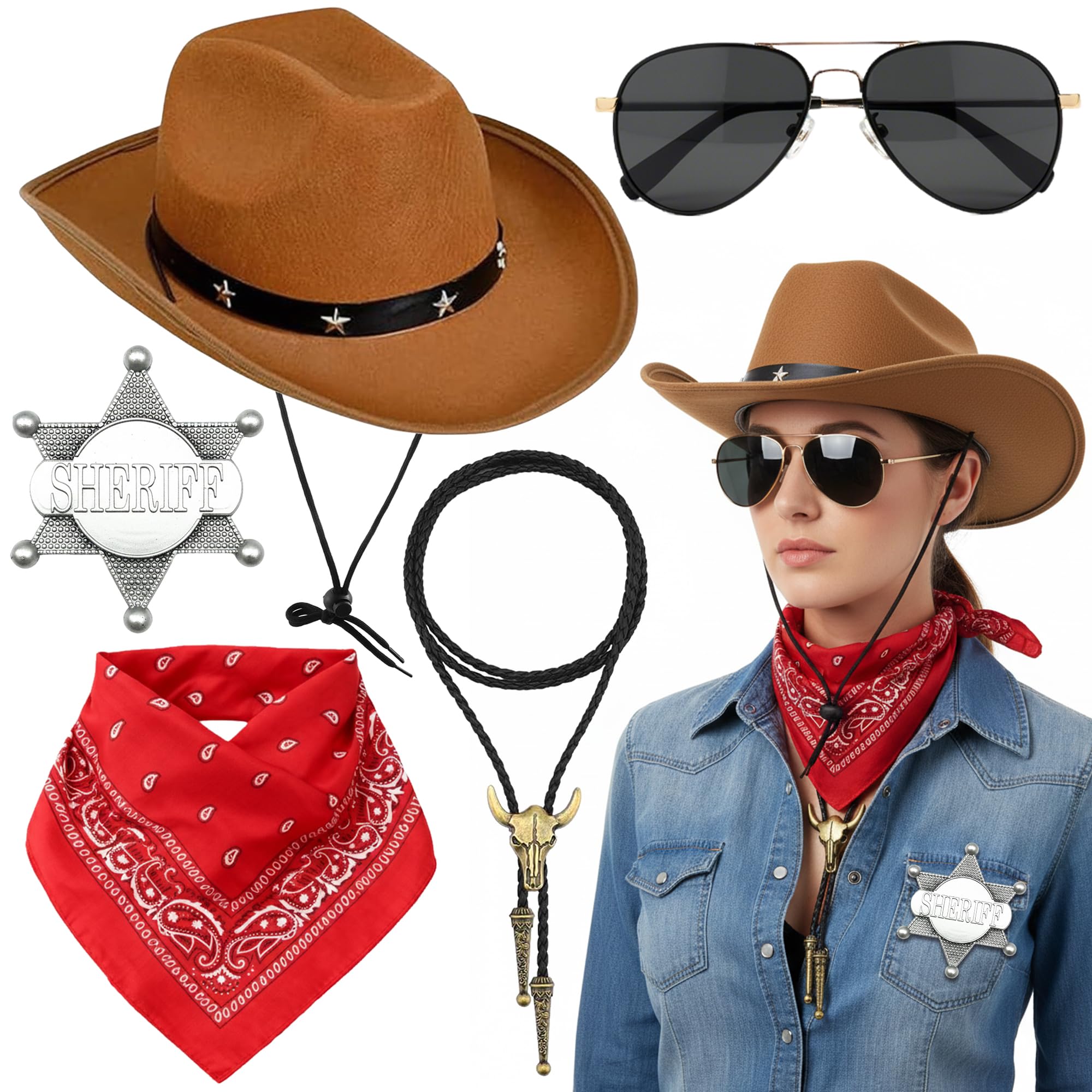 Soireeparty 5Pcs Cowboy Costume Accessories - Brown Western Hat Set with Necklace Bandanna Sheriff Badge and Sunglasses, Wild West Fancy Dress Outfit for Men Women Halloween Birthday Carnival