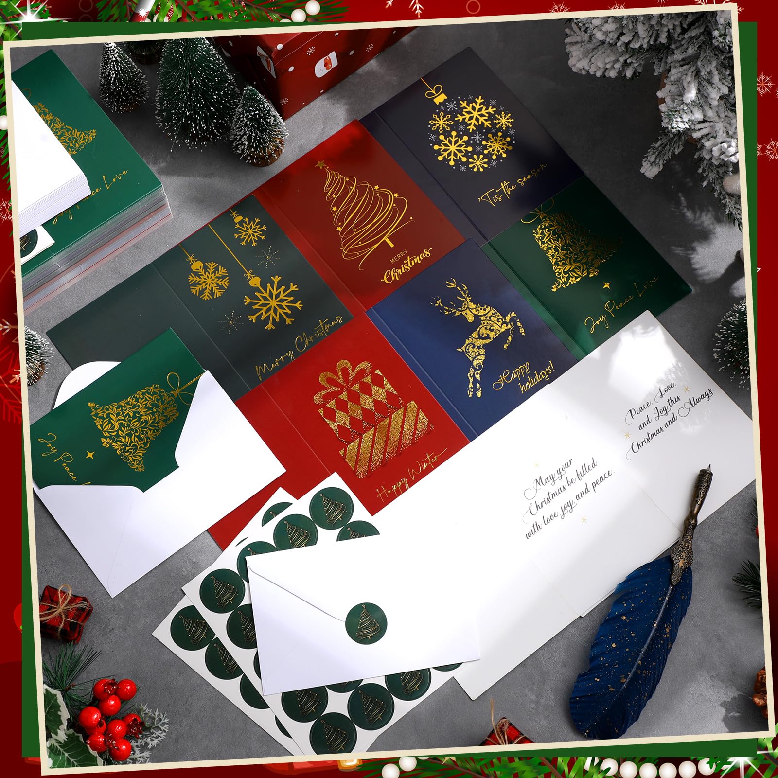 Crtiin Lot de 240 cartes de vœux de Noël en feuille d'or en vrac avec enveloppes et autocollants, 6 motifs assortis, 15 x 10 cm, fournitures d'invitation festives