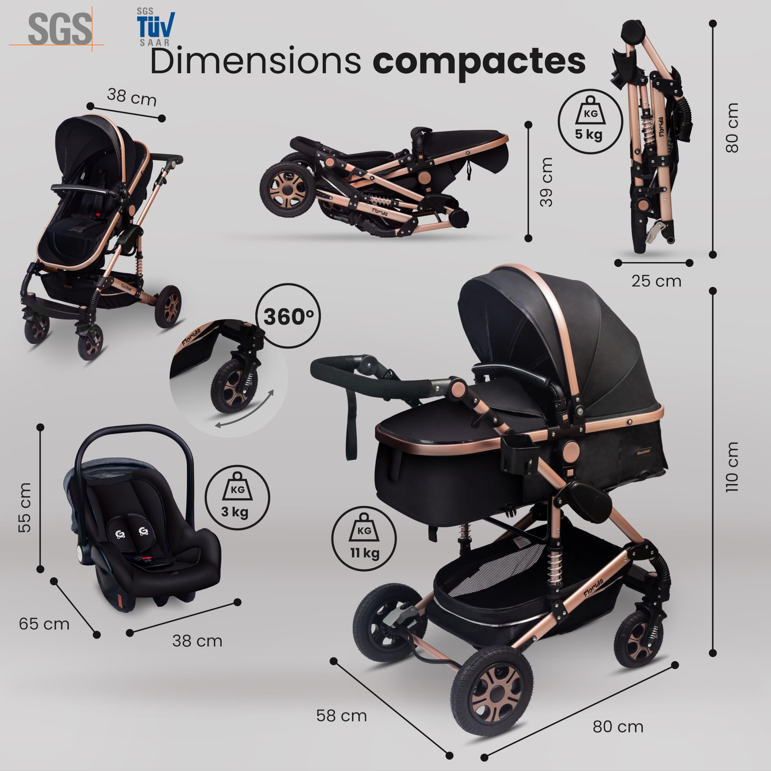 GaGaDumi Florida poussette 3 en 1 set complet avec siège auto - Baby Stroller 3en1 TÜV - poussette combinée 3 en 1 set complet pneus pleins en caoutchouc - sac à langer Noir/Noir