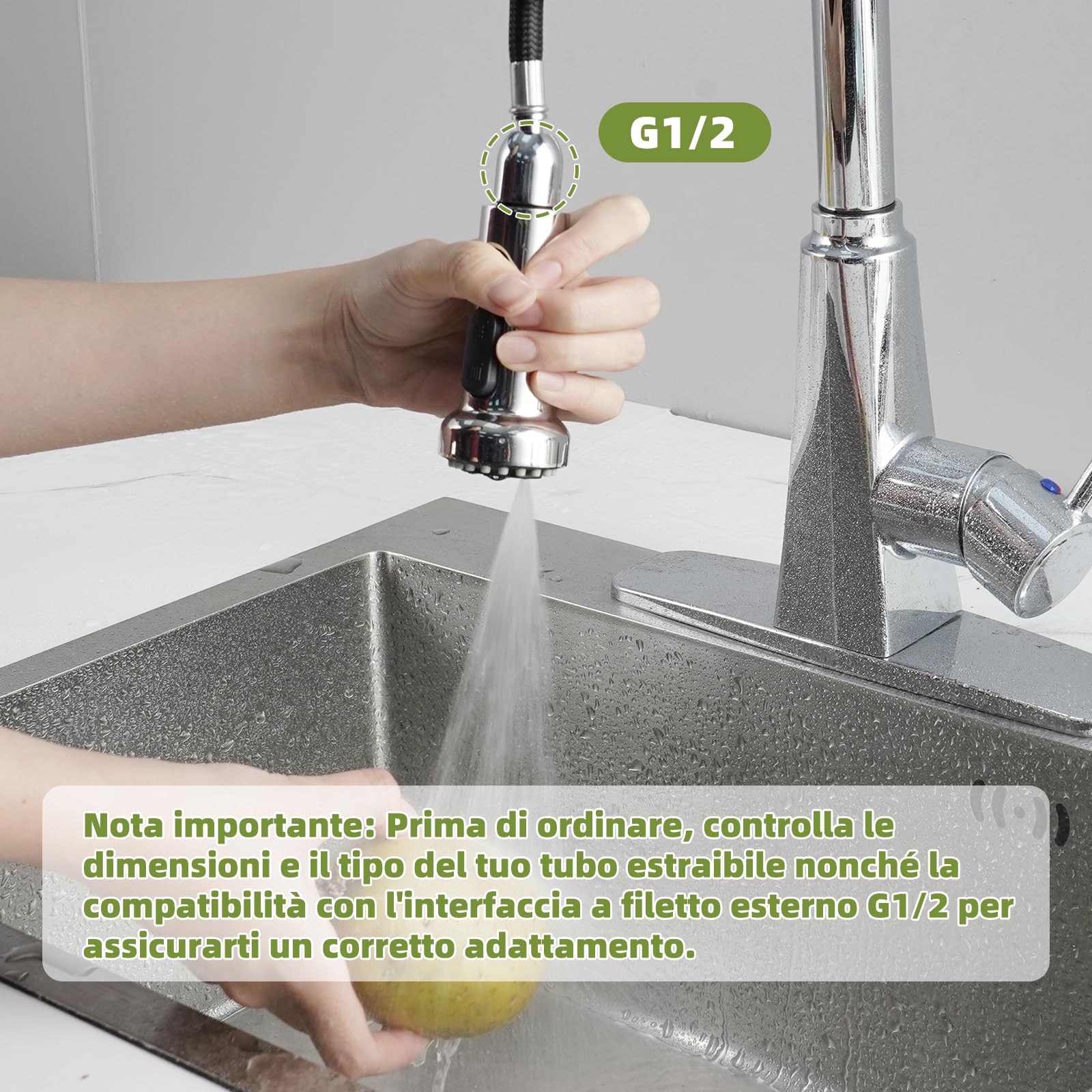 Hibbent 3 Funzioni Rubinetto Doccetta Estraibile in Acciaio Inossidabile Puro, Testina di Ricambio per Lavello Cucina Universale G1/2, Rubinetto Multifunzione a 360° Girevole, Cromo.