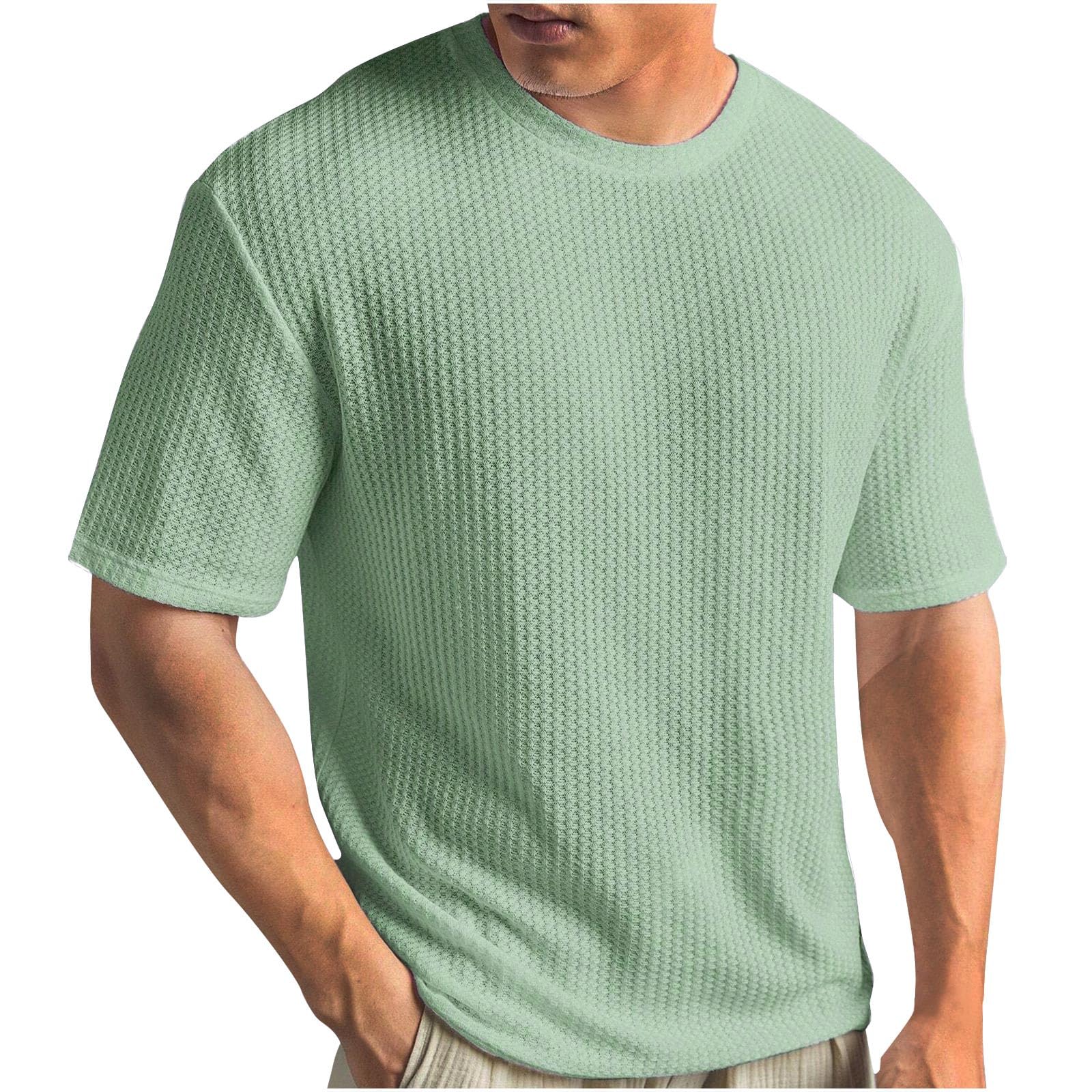 Generic Mens Textured T-Shirts Lightweight Casual Knit Short Sleeve Crewneck Tops Summer Loose Fit Waffle Knit Pullover Tees