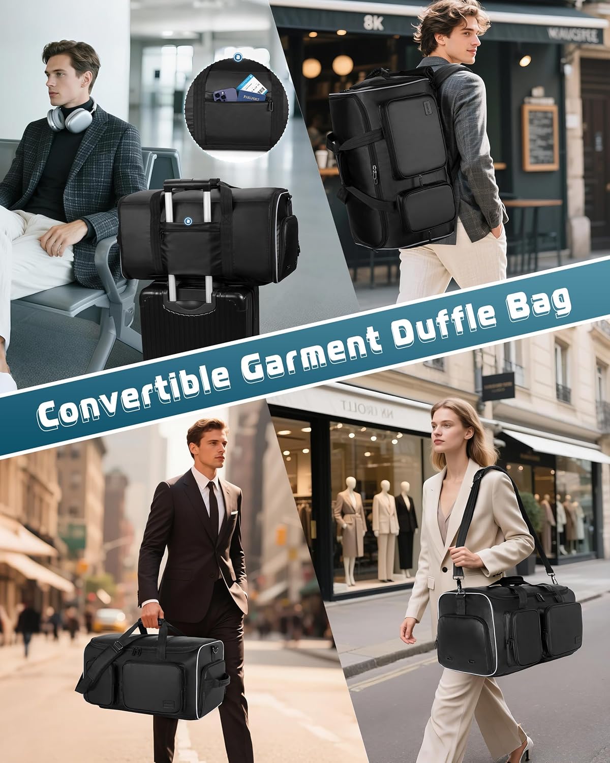 50L Convertible Garment Duffle Bag Backpack with Inner Removable Bag and Shoe Compartment, Travel Suit Bag for Business or Wedding Trips, Black - Image 5