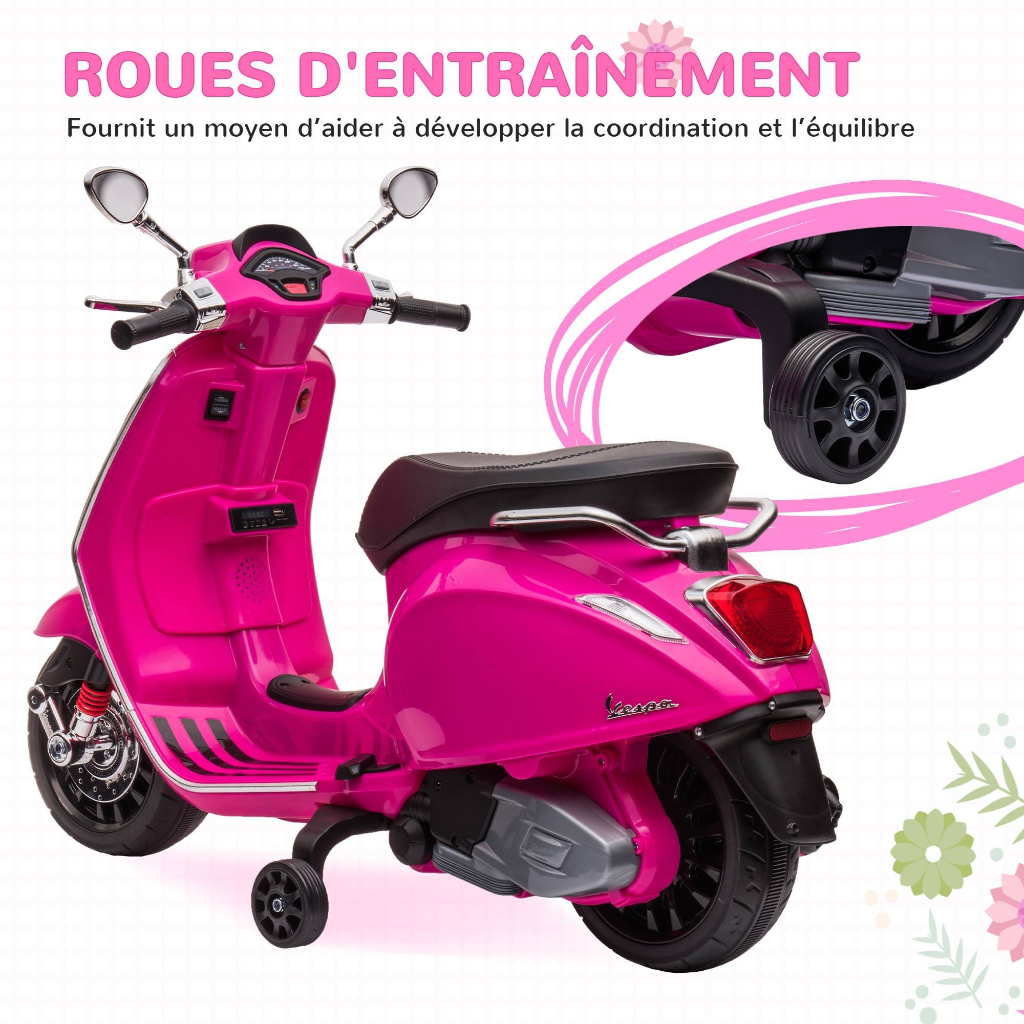 AIYAPLAY Scooter électrique Enfant Vespa 6 V Moto électrique pour Enfants 3-6 Ans dim. 107L x 47l x 73H cm Musique MP3 Port USB Radio FM Phare 2 Roues d'entraînement - Rose