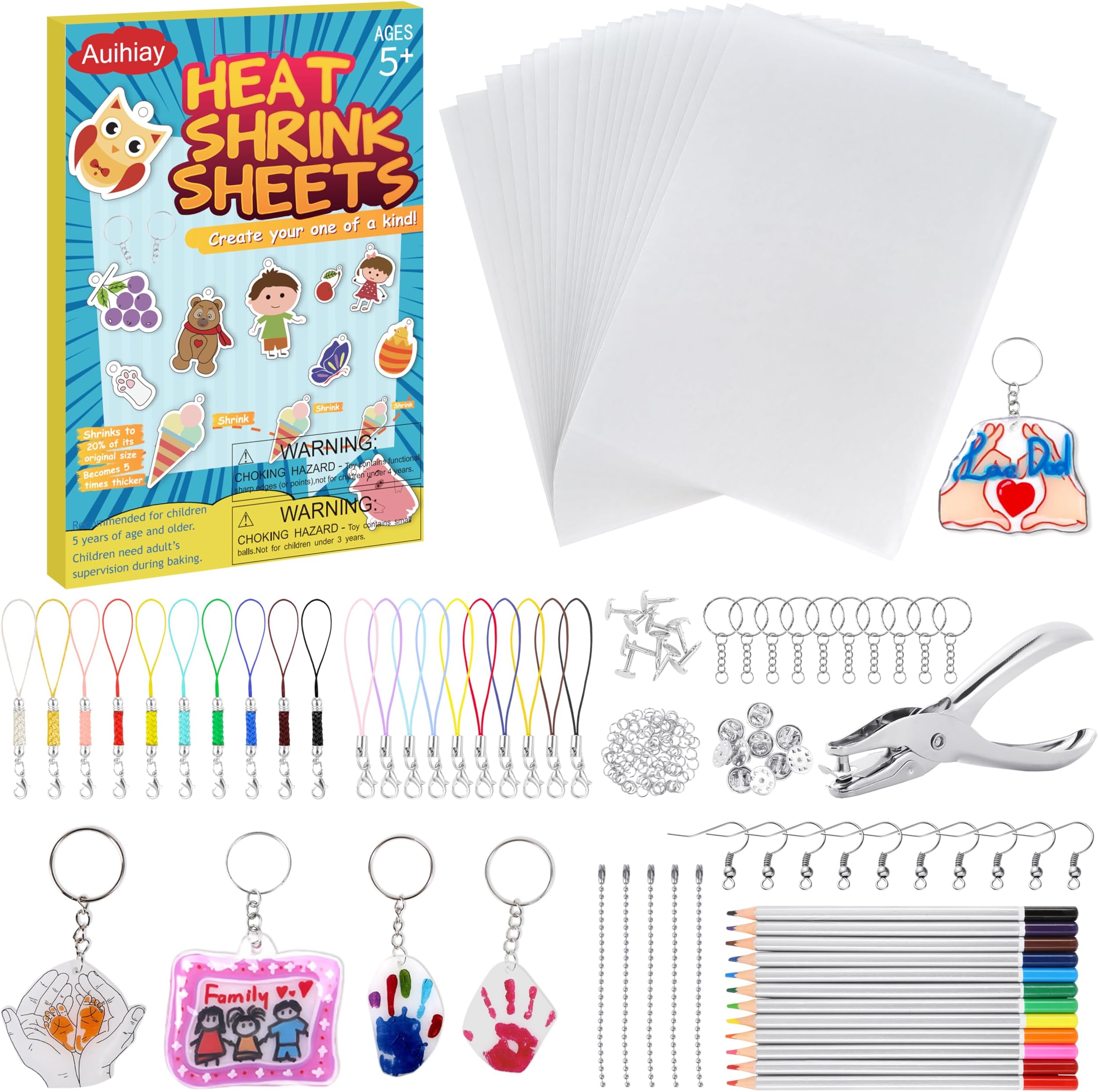 Auihiay 198 Pieces Shrink Plastic Kit Include 20 Sheets Shrinky Paper, Hole Punch, Keychains Accessories and Pencils for DIY Ornaments or Creative Craft