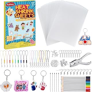 198 Pieces Shrink Plastic Kit Includes 20 Sheets Shrink Papers, Hole Punch, Keychain Accessories and Pencils for Shrinky Art and DIY Keychain Making Mothers & Fathers Day Ornament
