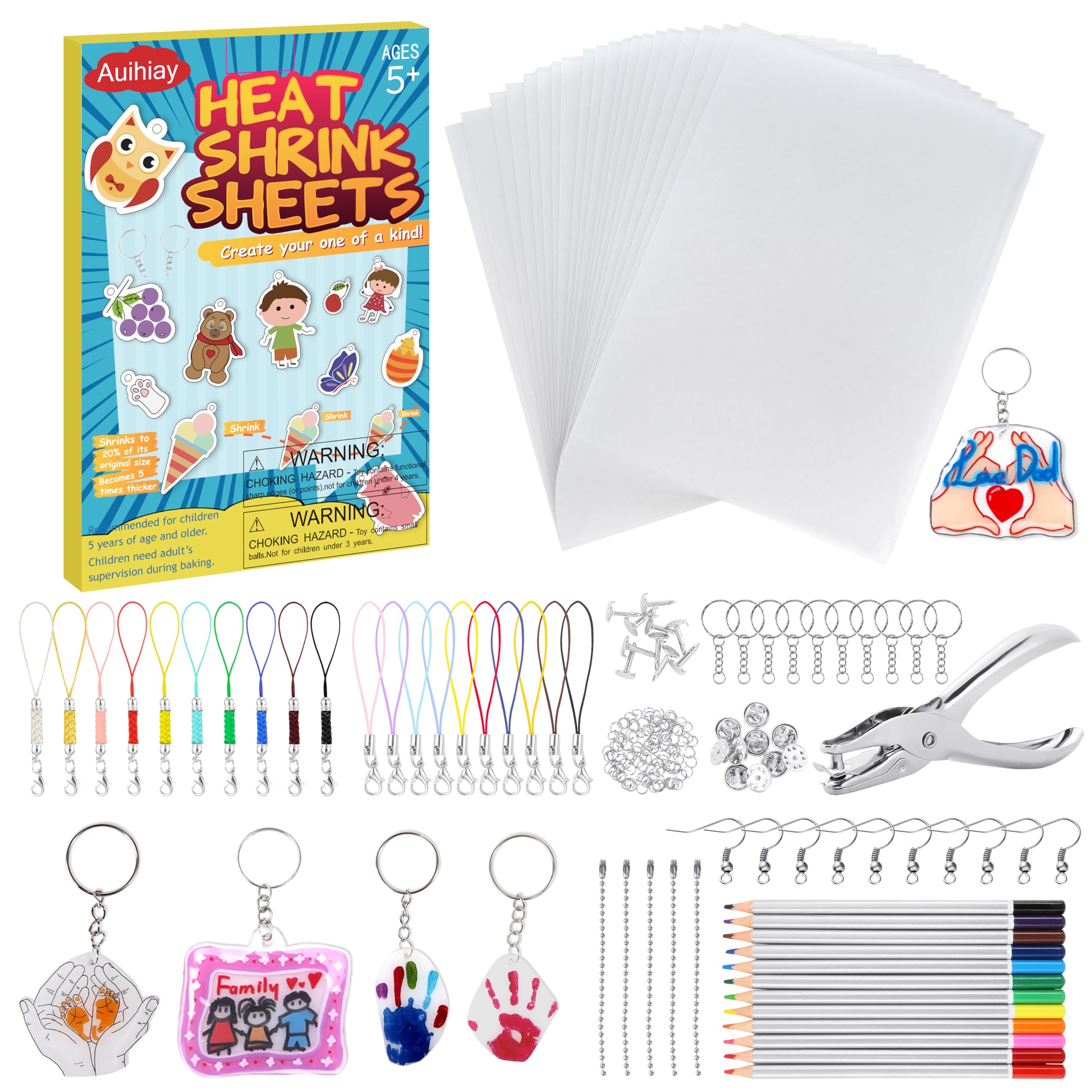 Auihiay 198 Pieces Shrink Plastic Kit Includes 20 Sheets Shrink Papers, Hole Punch, Keychain Accessories and Pencils for Shrinky Art and DIY Keychain Making Easter Mother Day Ornament
