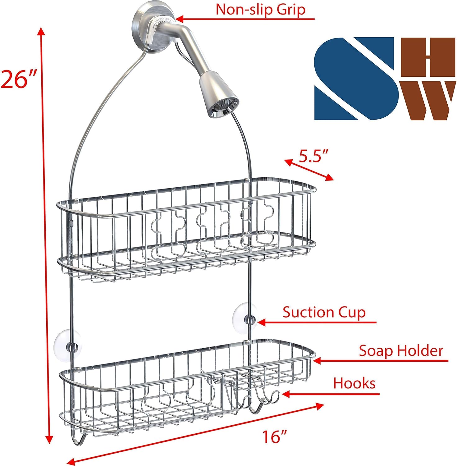 Simple Houseware Bathroom Hanging Shower Head Caddy Organizer + Multi-Functional 6 Slots Toothbrush Holder, Chrome