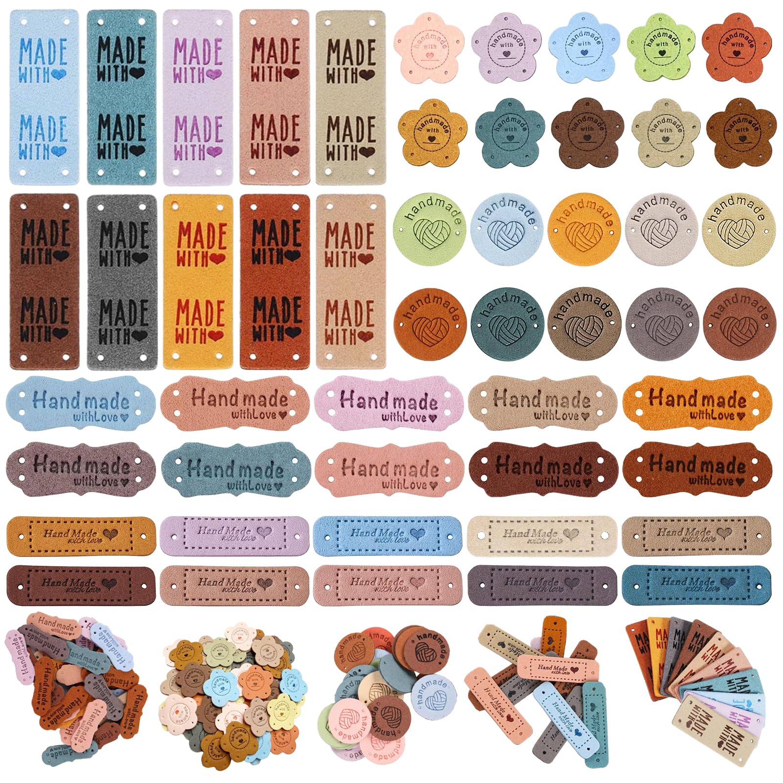 PIWOSGOL Etiquetas Hechas a Mano de Cuero PU 50 Piezas, Etiqueta Hecha a Mano Personalizadas con Agujeros para Ropa Ganchillo, etiquetas handmade para DIY Jeans Monederos Sombrero Tejer (5 Estilos)