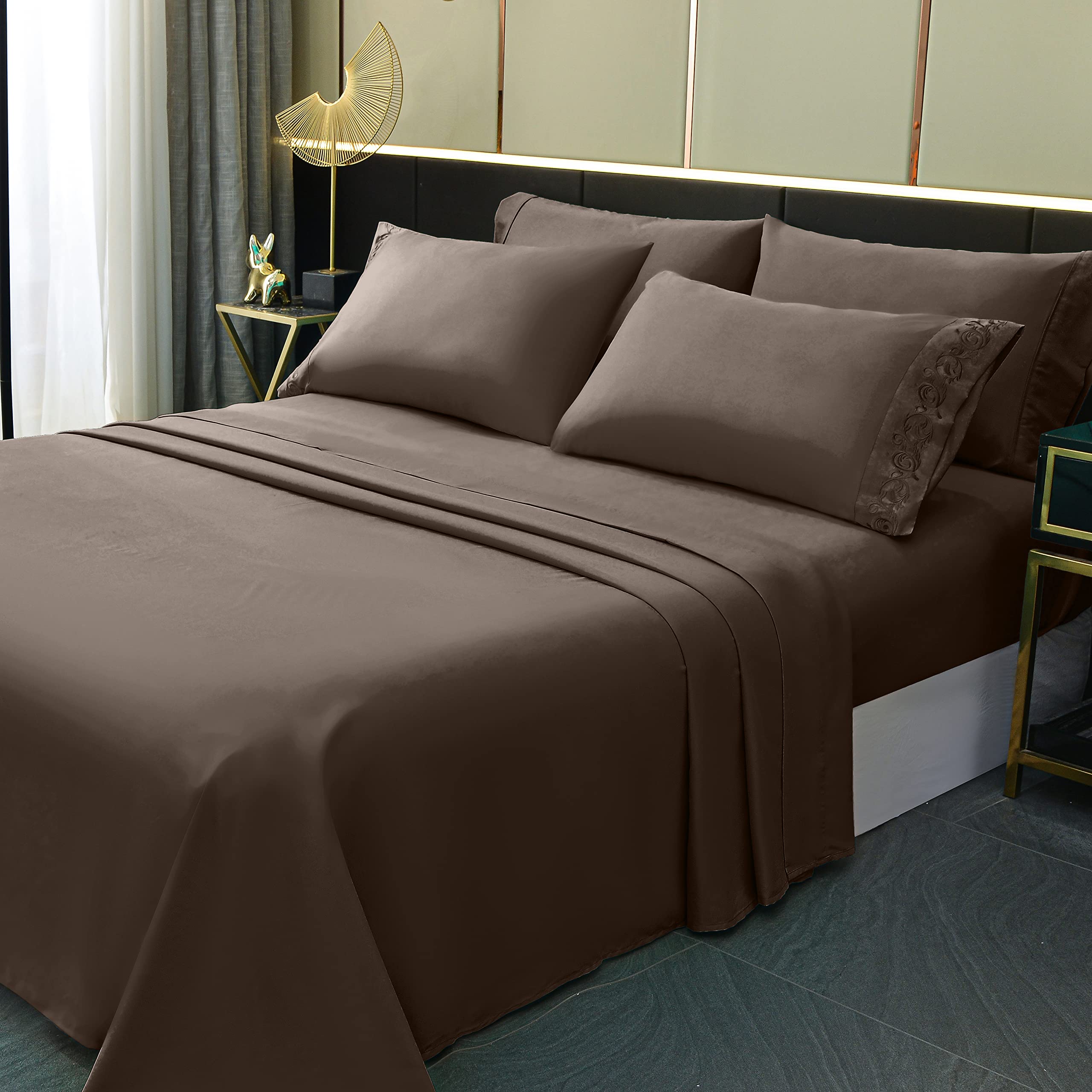 LONAVA Queen Size Sheet Set - 6 Piece Hotel Luxury Wrinkle-Free Microfiber Sheet, Oeko-TEX Certified, Breathable & Elastic, 16" Deep Pockets, Brown