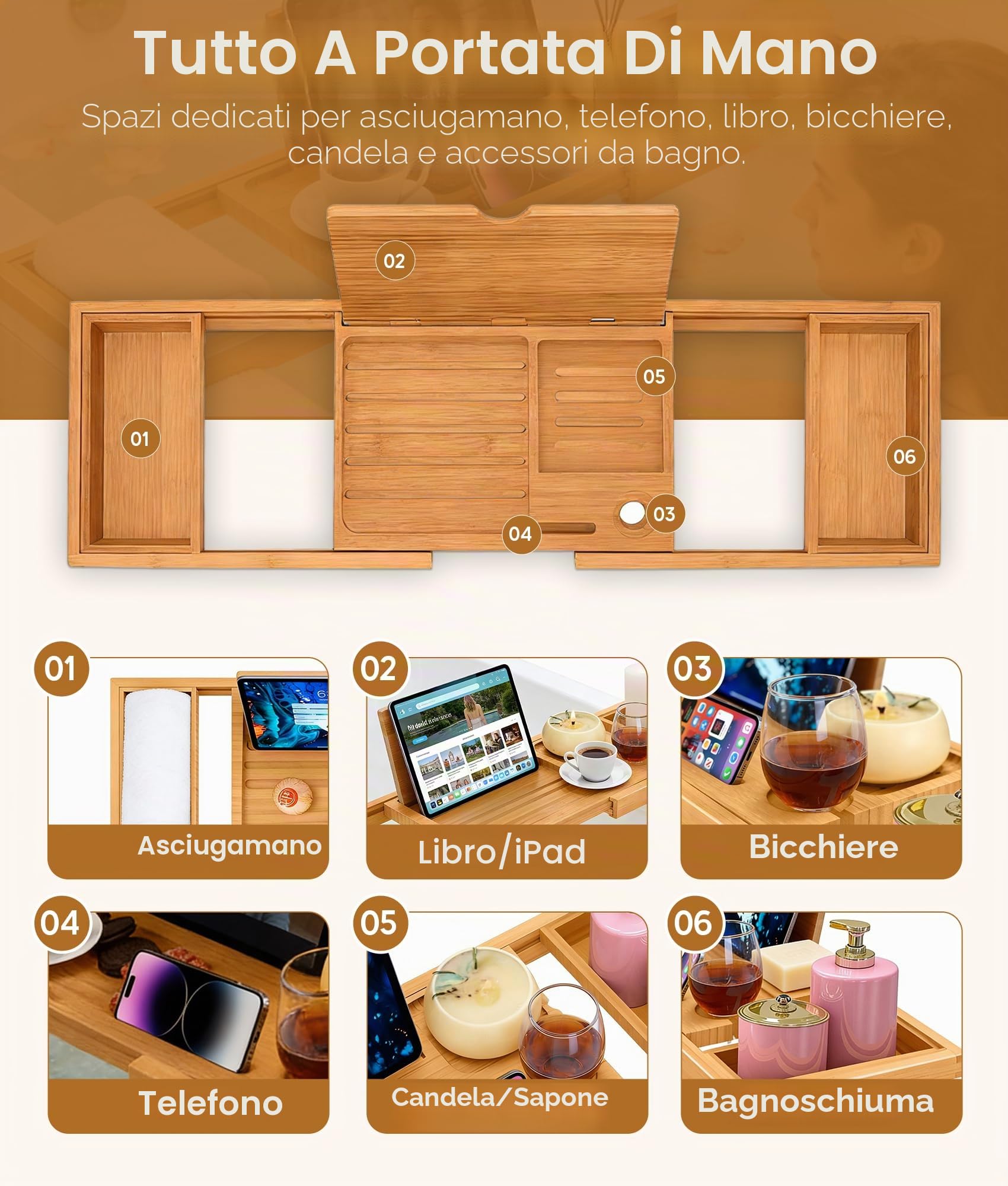 ADOV Vassoio da bagno estensibile in legno di bambù con supporto integrato per libri, telefono, tablet, candele, sapone, asciugamani, bicchieri da vino, regolabile, adatto alla maggior parte delle