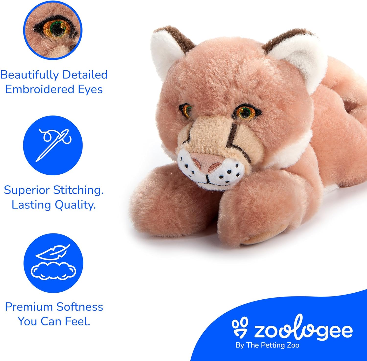 The Petting Zoo Mountain Lion Stuffed Animal Plushie, Gifts for Kids, Earth Keeperz Wildlife Animals, Zoologee Brown Cougar Plush Toy, 10 inches
