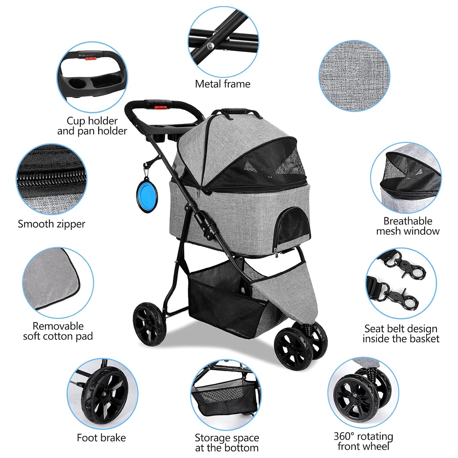 Dog Stroller for Small Medium Dogs Folding 3 in 1 Pet Stroller for Cats 3 Wheels Travel Dog Stroller with Removable Carrier : Pet Supplies