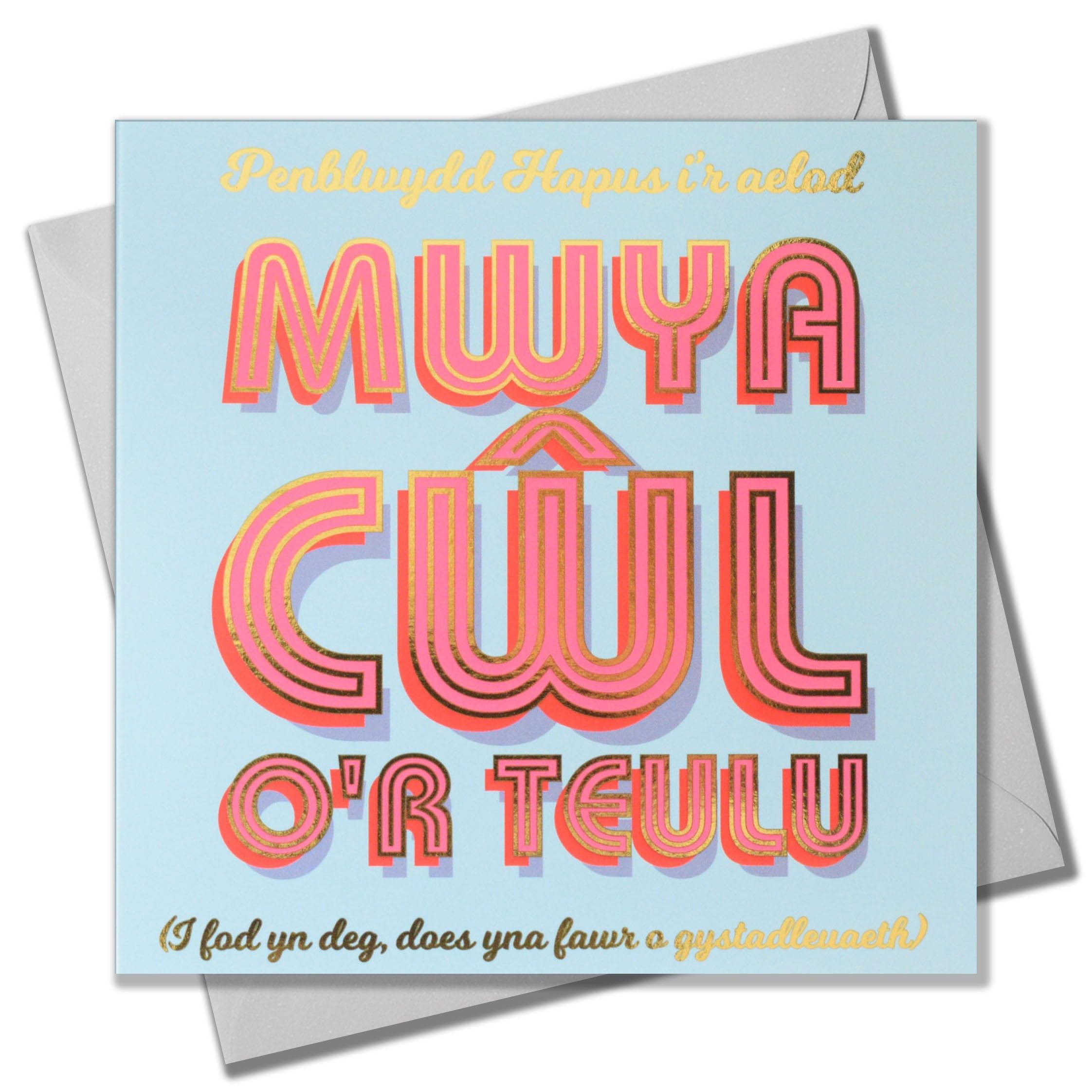 Claire Giles Greeting Cards, Welsh Happy Birthday Relative Card, Cool Relative, Penblwydd Hapus Cwl, Pink Text on Blue and gold foil