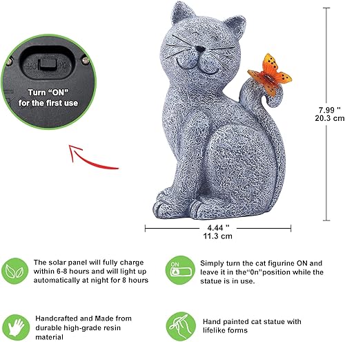 Miniatura 4 de Estatuas solares de gato al aire libre para jardín decoración exterior con espacio libre de mariposa para patio, decoración de césped, porche,