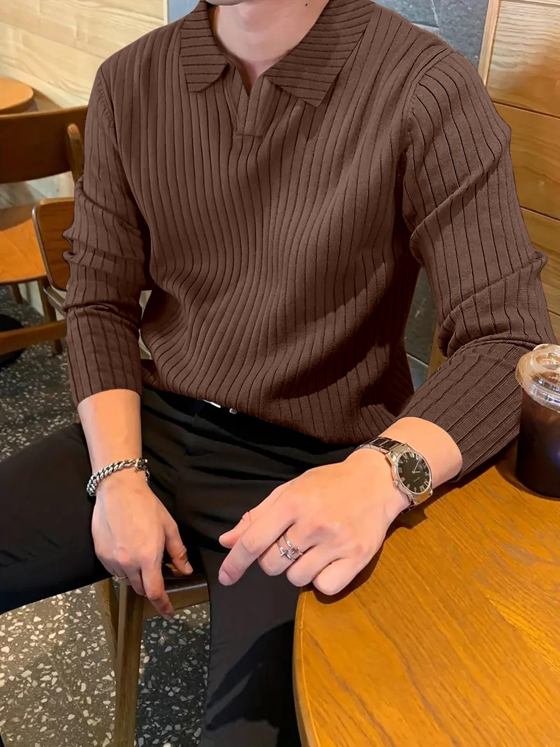 KAJARU Men's Ribbed Knit Polo T-Shirt, Long Sleeve (in, Alpha, M, Coffee) - Image 2 thumbnail